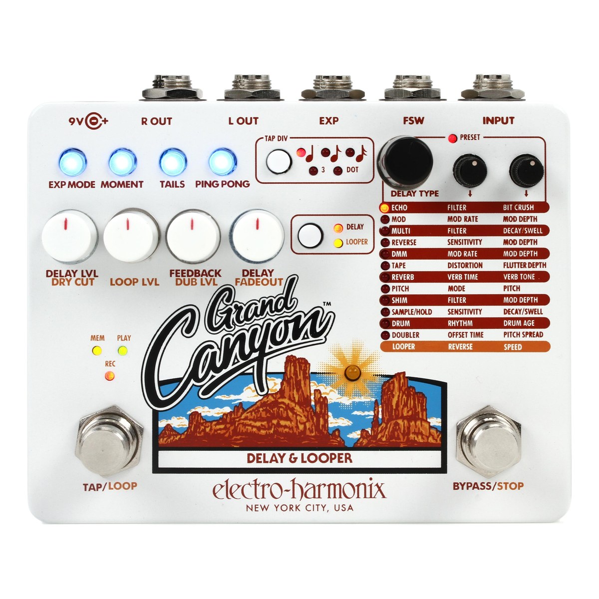 Mặt trên Electro-Harmonix Grand Canyon với núm DELAY TYPE, bảng 12 kiểu delay cùng looper và hai footswitch TAP/LOOP, BYPASS/STOP