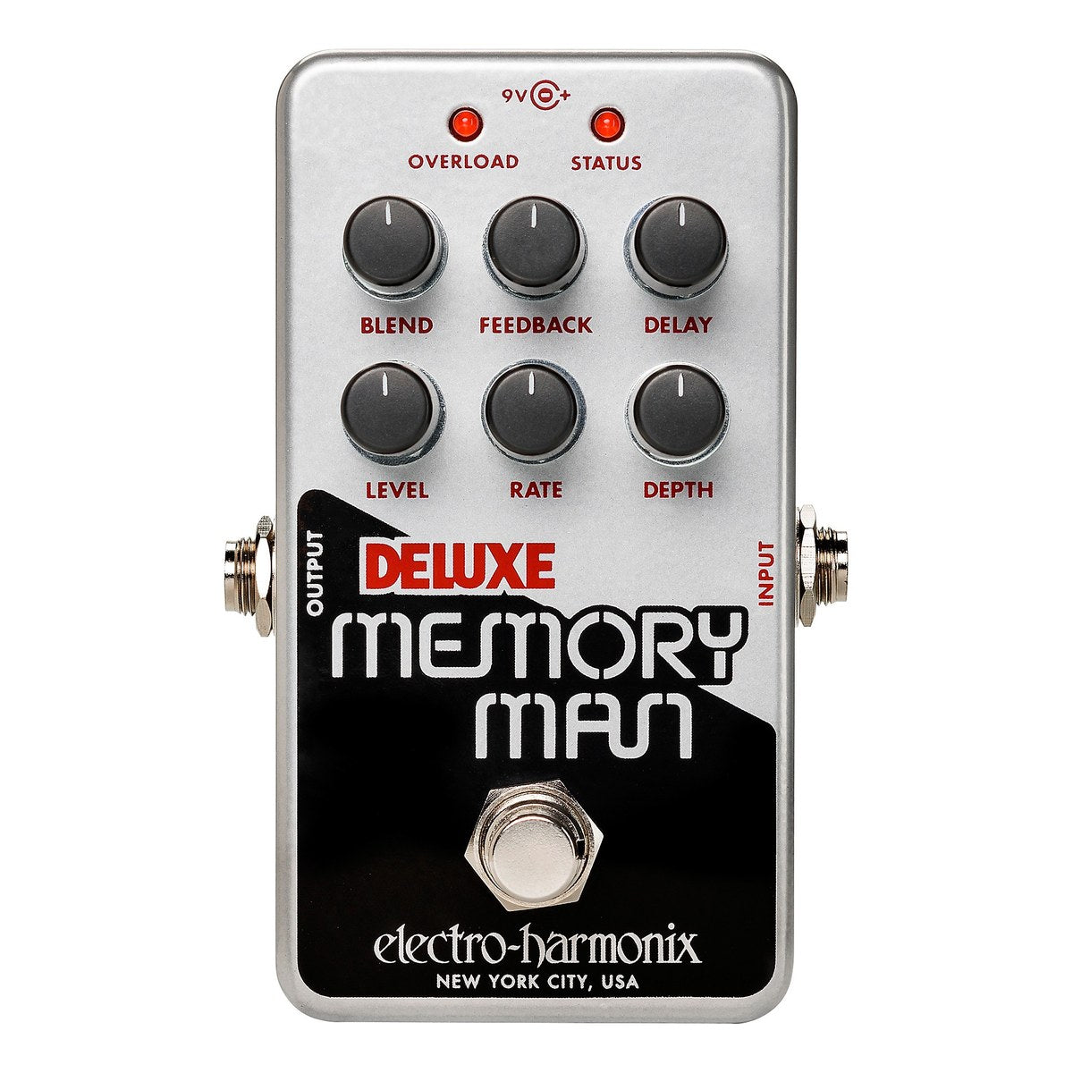 Mặt trên Electro-Harmonix Nano Deluxe Memory Man với 6 núm BLEND, FEEDBACK, DELAY, LEVEL, RATE, DEPTH và hai đèn OVERLOAD, STATUS