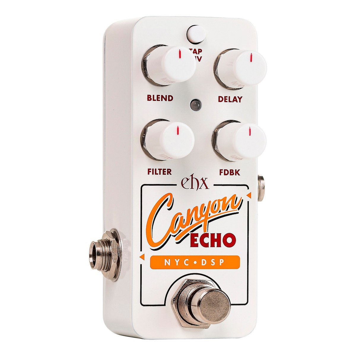 Electro-Harmonix Pico Canyon Echo nhìn chéo từ bên trái, thấy jack OUTPUT