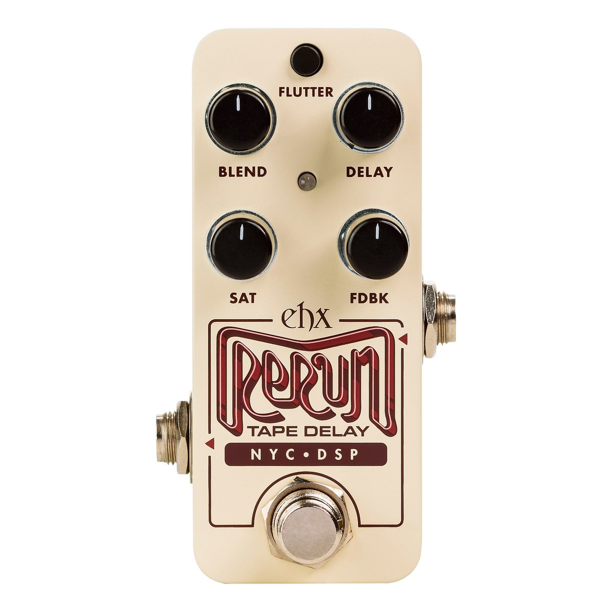 Mặt trên Electro-Harmonix Pico Rerun với 4 núm BLEND, DELAY, SAT, FDBK và nút FLUTTER