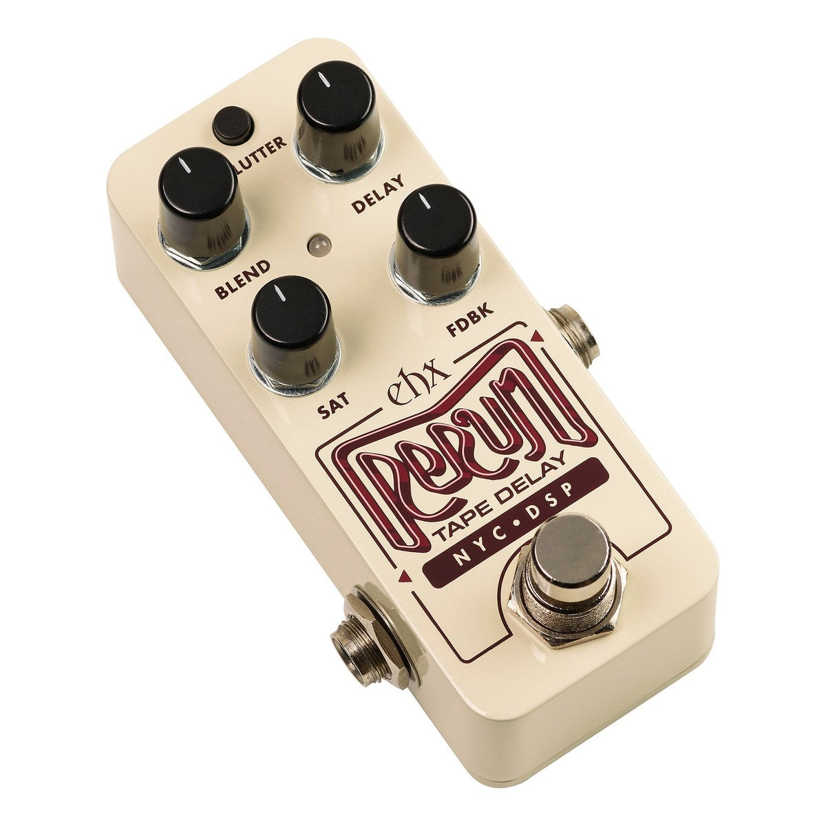 Electro-Harmonix Pico Rerun nhìn chéo từ bên trái, thấy jack OUTPUT