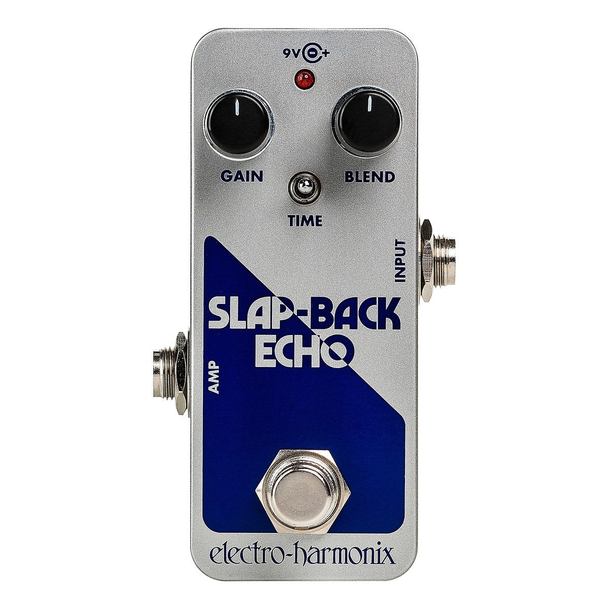 Chính diện Electro-Harmonix Slap-Back Echo vỏ Pico bạc xanh với núm GAIN, BLEND và công tắc TIME