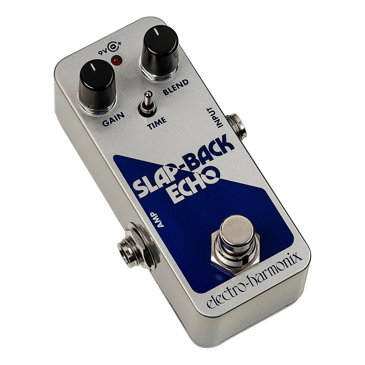 Phơ Delay Electro-Harmonix Slap-Back Echo - Slap-Back Echo nhìn chéo từ bên trái, thấy jack AMP và công tắc TIME