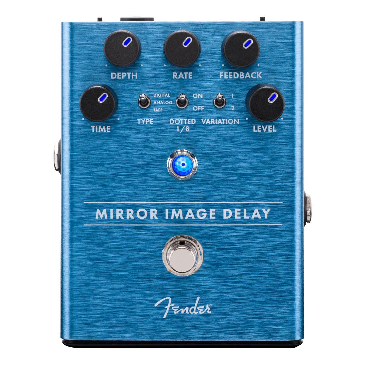 Fender Mirror Image Delay chính diện: vỏ xanh dương, 5 núm DEPTH, RATE, FEEDBACK, TIME, LEVEL và 3 công tắc TYPE, DOTTED 1/8, VARIATION