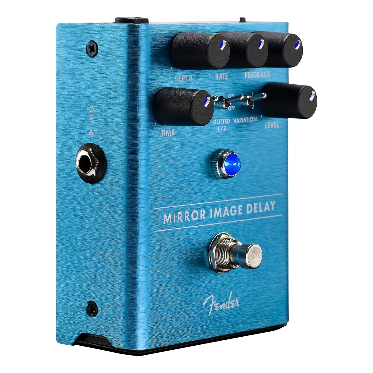 Fender Mirror Image Delay nhìn nghiêng, thấy cạnh trái có jack OUT