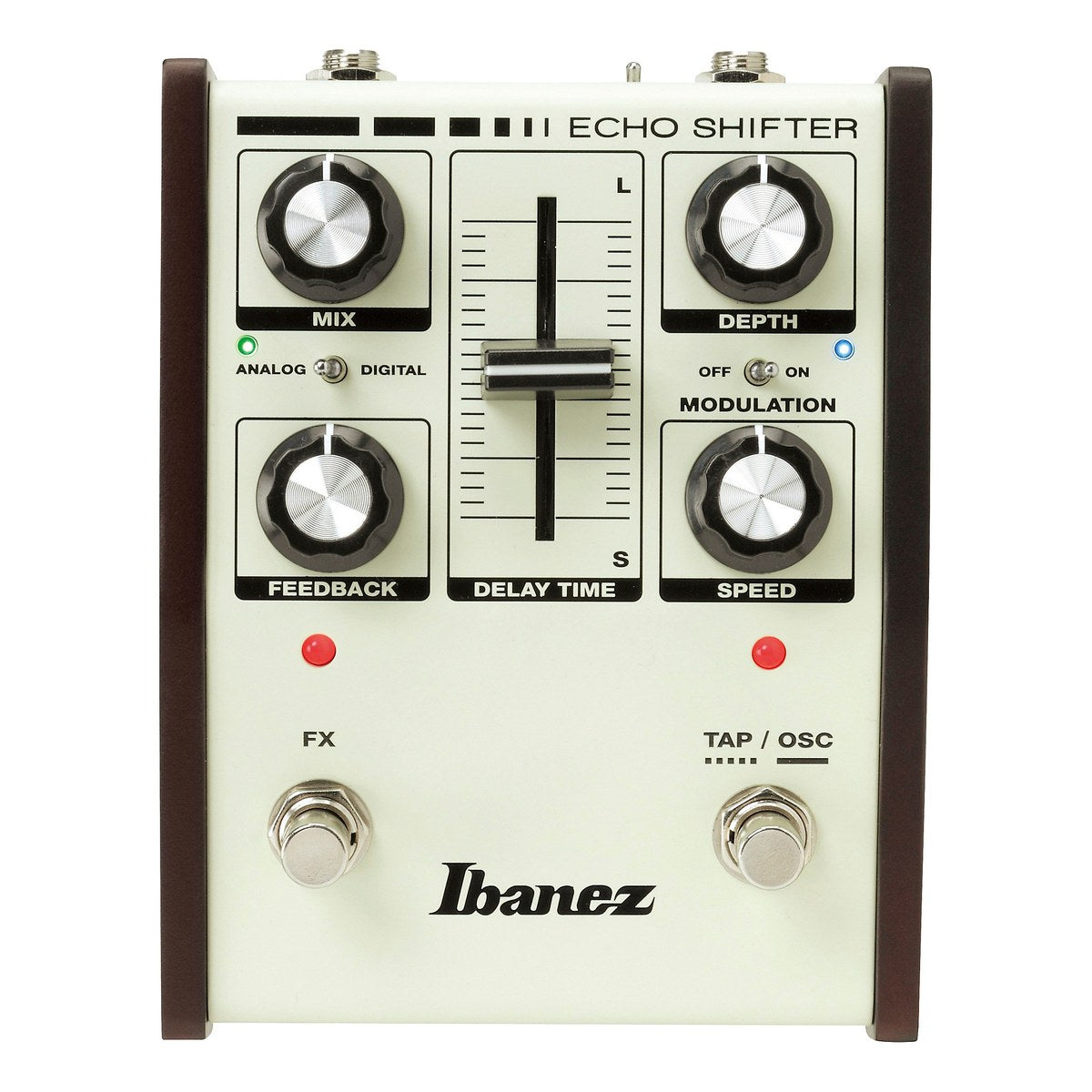 Phơ Delay Ibanez ES3 Echo Shifter – mặt trên Ibanez ES3 Echo Shifter với cần gạt DELAY TIME và núm MIX, FEEDBACK, DEPTH, SPEED