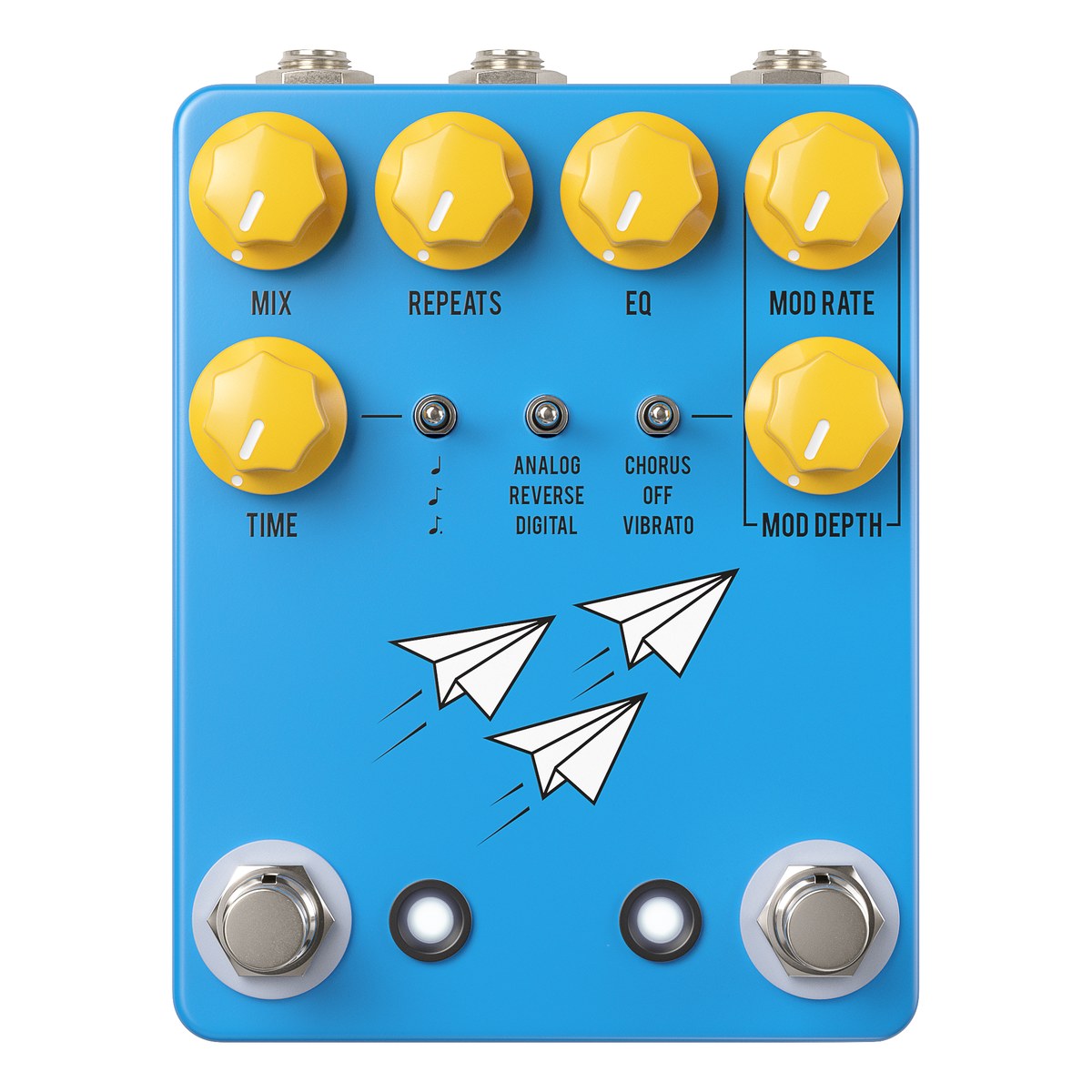 Mặt trên JHS Flight Delay màu xanh với 6 núm vàng MIX, REPEATS, EQ, TIME, MOD RATE, MOD DEPTH