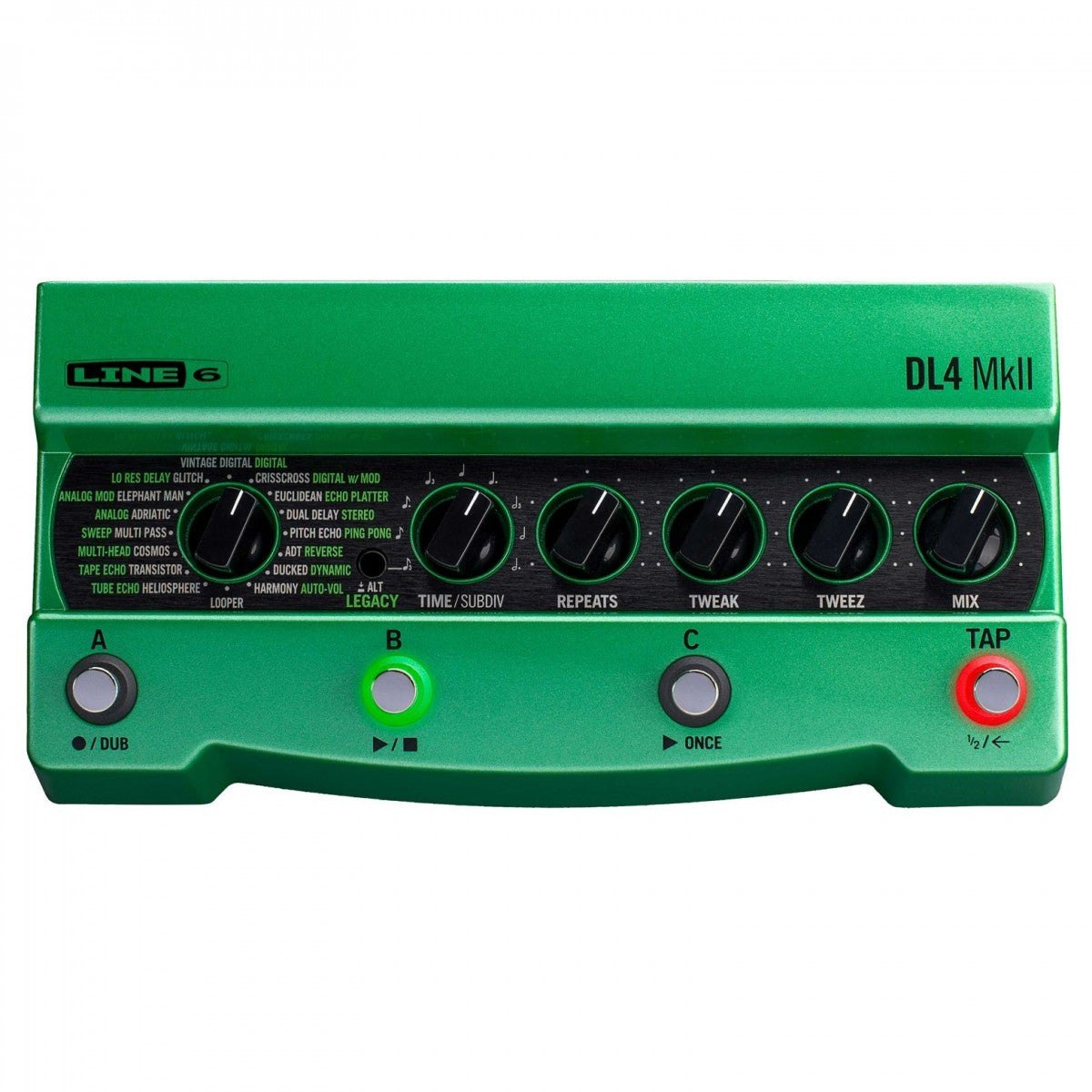 Phơ Delay Line 6 DL4 MkII – mặt trên nhìn thẳng, núm chọn kiểu delay và 5 núm TIME, REPEATS, TWEAK, TWEEZ, MIX