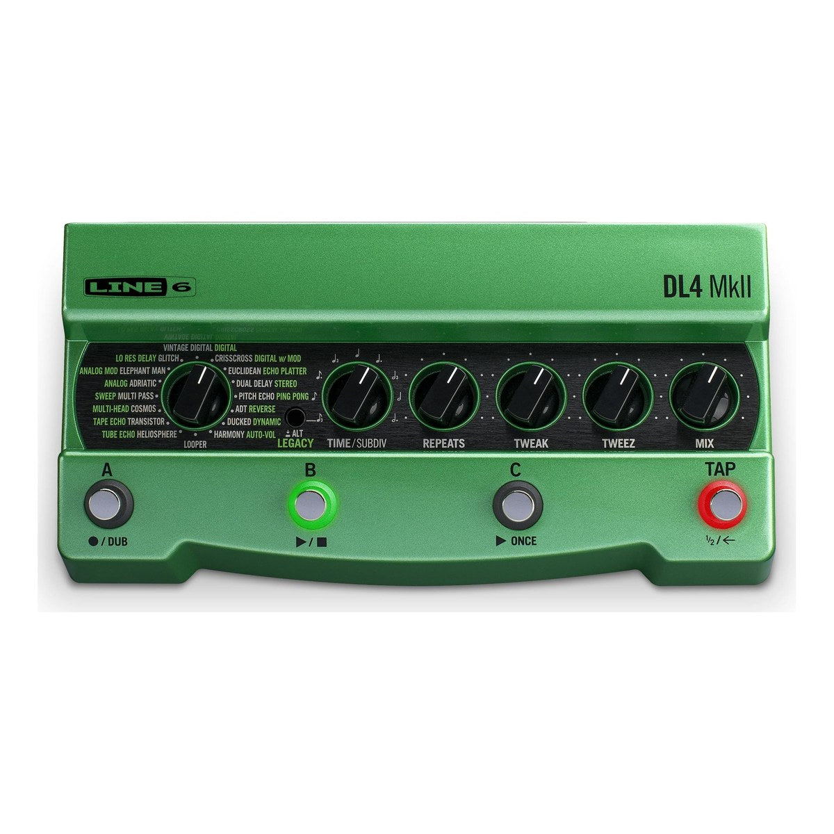 Line 6 DL4 MkII nhìn thẳng từ trên: núm chọn model, TIME/SUBDIV, REPEATS, TWEAK, TWEEZ, MIX và 4 footswitch A, B, C, TAP