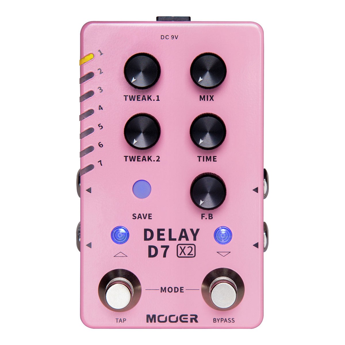 chính diện mặt trên Mooer D7 X2 vỏ hồng với 5 núm TWEAK.1, TWEAK.2, MIX, TIME, F.B, nút SAVE và 2 footswitch TAP, BYPASS