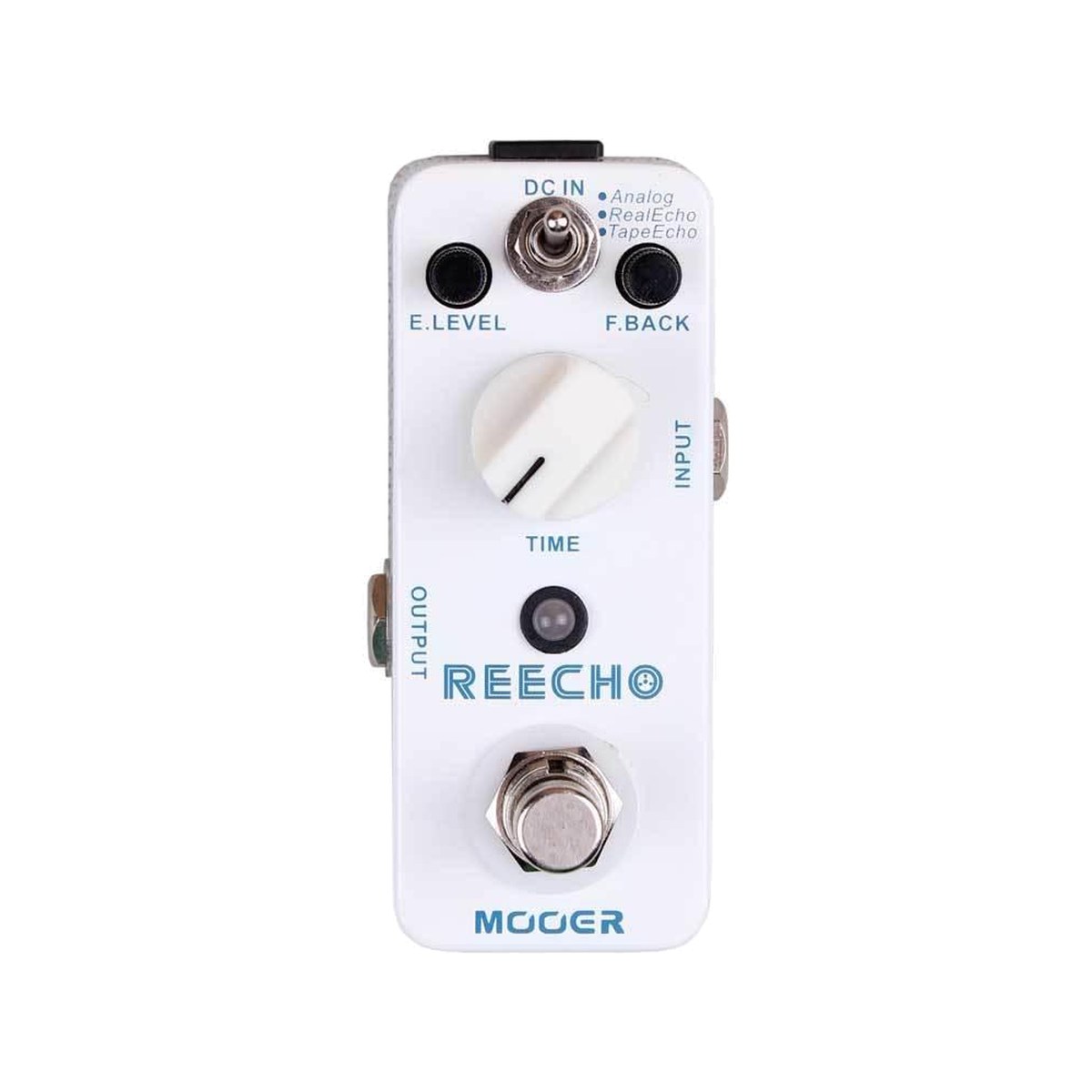 Mooer Reecho mặt trên chính diện: công tắc Analog/RealEcho/TapeEcho, núm E.LEVEL, F.BACK, TIME, đèn LED và footswitch