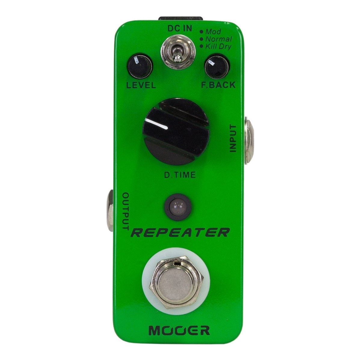 Mooer Repeater mặt trên chính diện: công tắc Mod/Normal/Kill Dry, núm LEVEL, F.BACK, D.TIME, đèn LED và footswitch