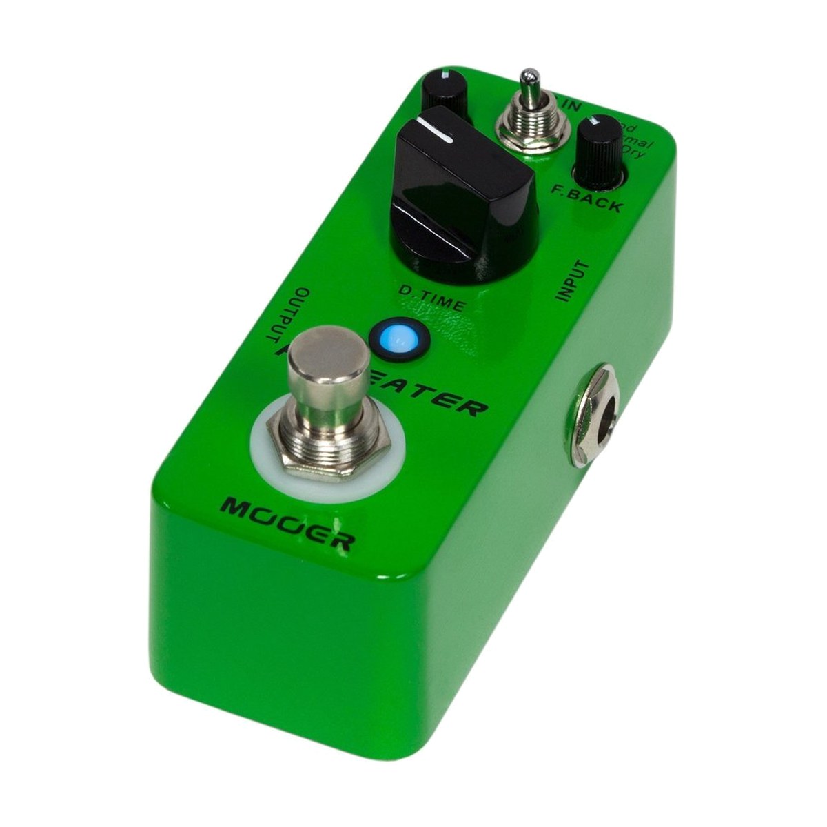 Mooer Repeater nhìn nghiêng phía jack INPUT, đèn LED xanh sáng, núm D.TIME và công tắc chế độ