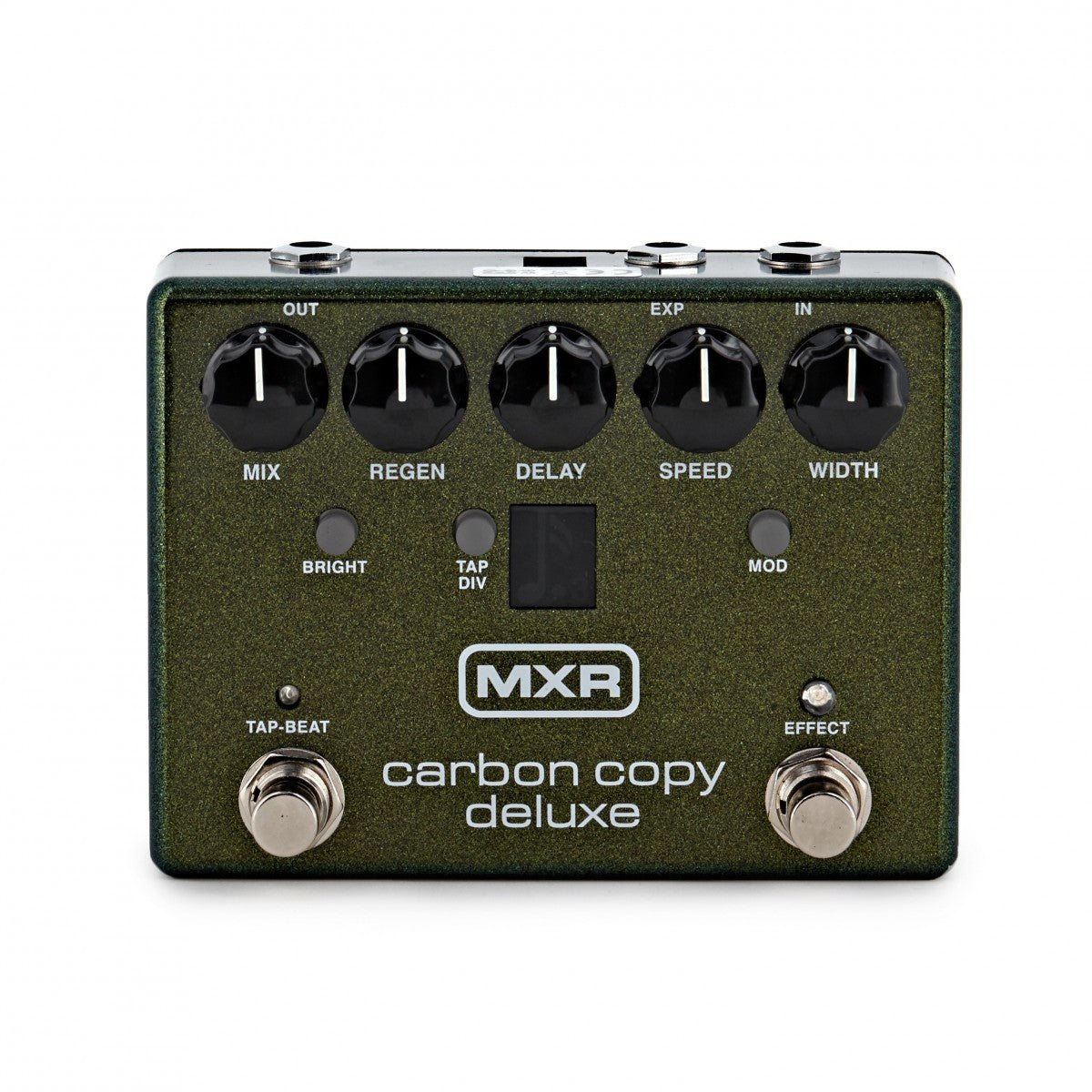 Phơ Delay MXR M292 Carbon Copy Deluxe Analog Delay – mặt trên với 5 núm, nút BRIGHT/MOD và cổng OUT, EXP, IN