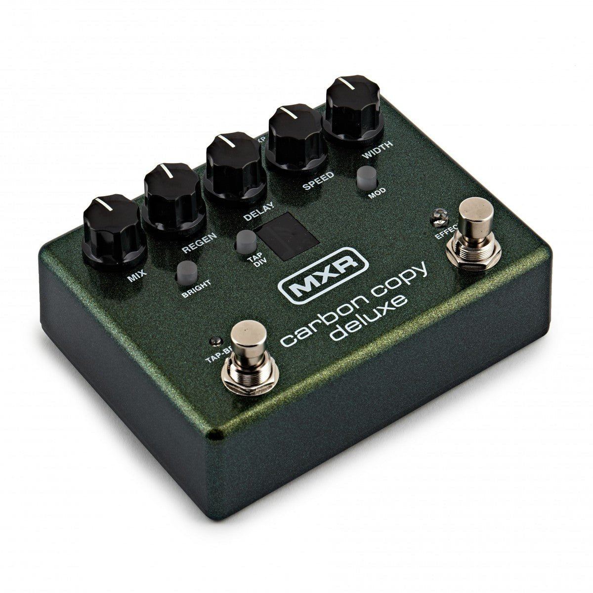 Phơ Delay MXR M292 Carbon Copy Deluxe Analog Delay – góc nghiêng 3/4 bên phải, nút BRIGHT, MOD và màn hiển thị TAP DIV