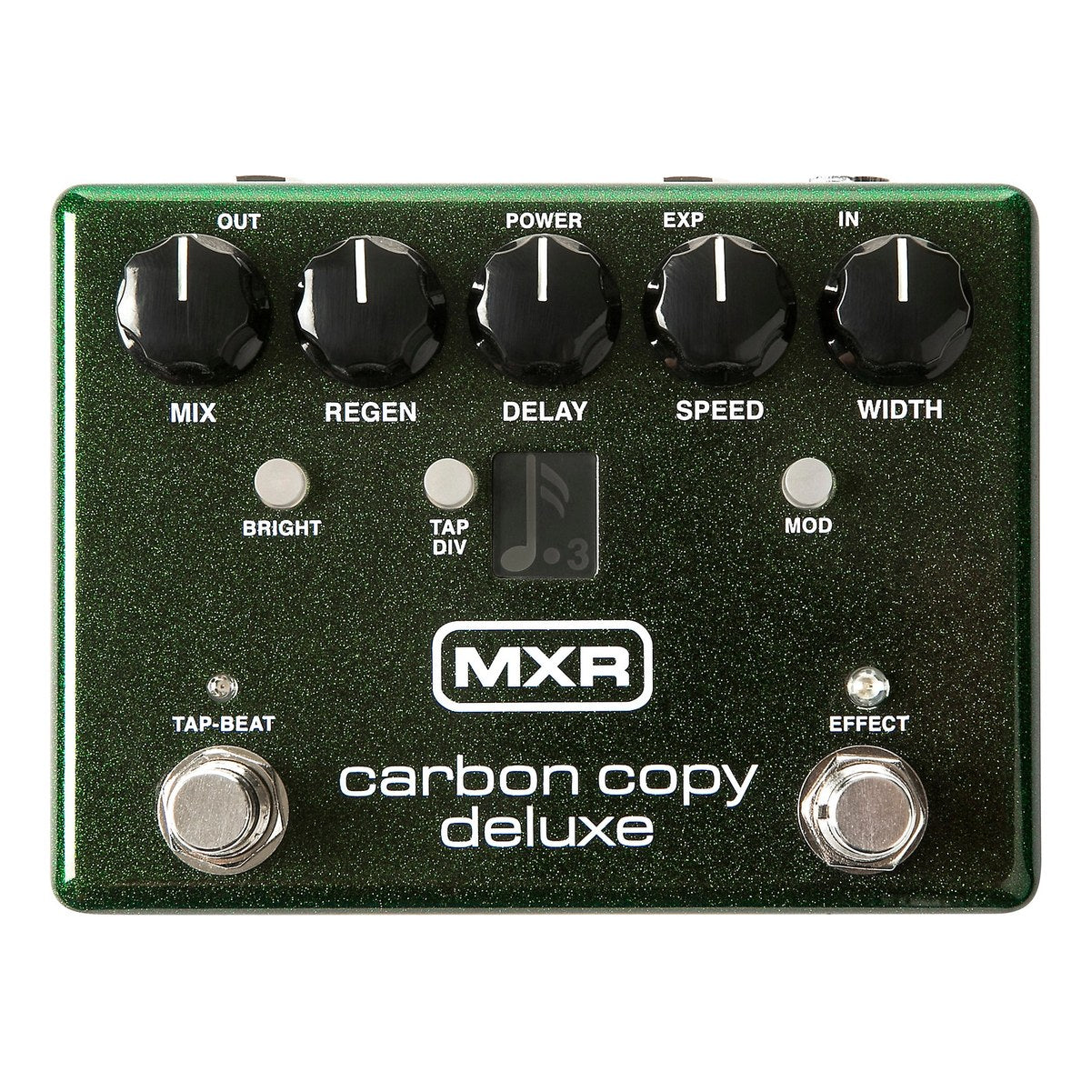chính diện mặt trên MXR M292 Carbon Copy Deluxe vỏ xanh lá nhũ với 5 núm MIX, REGEN, DELAY, SPEED, WIDTH và 2 footswitch TAP-BEAT, EFFECT