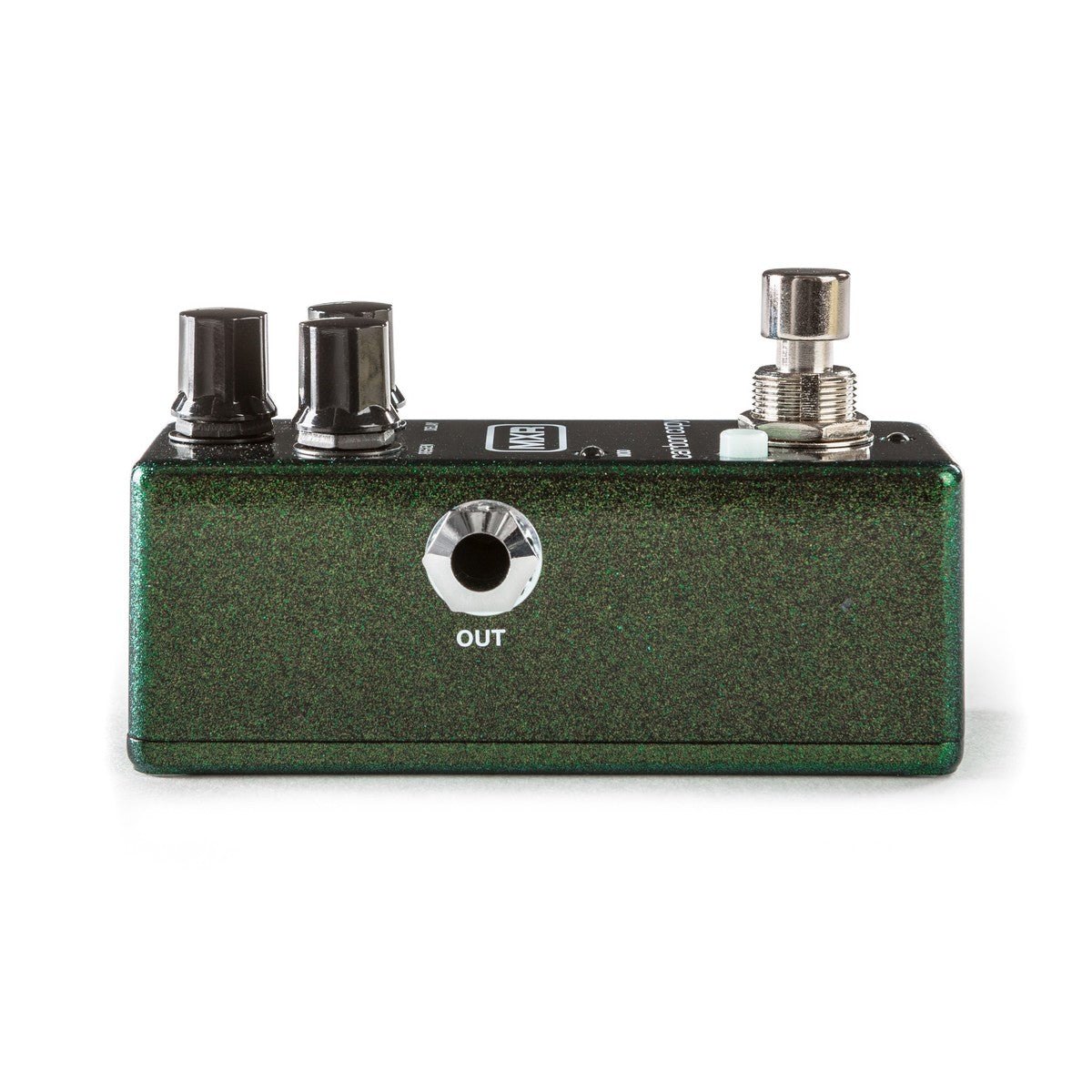 Phơ Delay MXR M299 Carbon Copy Mini Analog Delay – cạnh trái với jack OUT, vỏ sơn xanh lá ánh kim