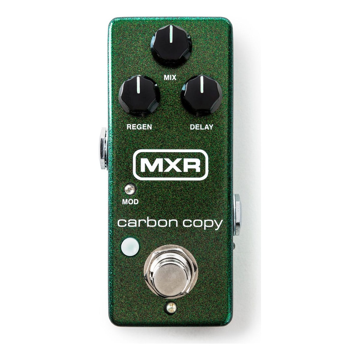 chính diện mặt trên MXR M299 Carbon Copy Mini vỏ xanh lá nhũ với 3 núm MIX, REGEN, DELAY và nút MOD