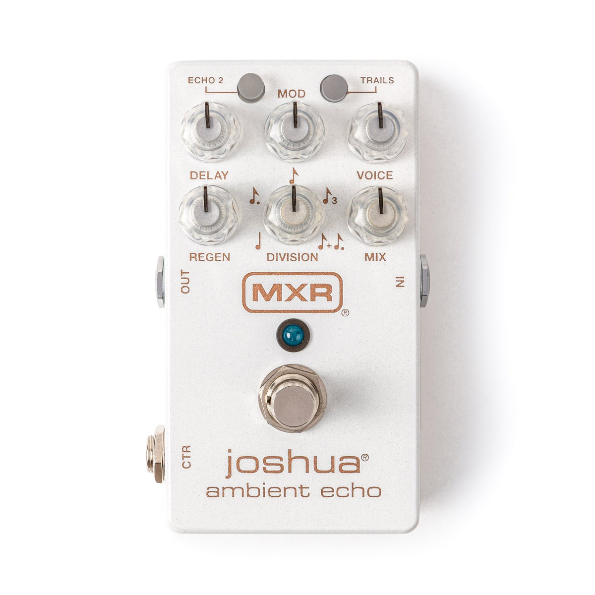 Phơ Delay MXR M309 Joshua Ambient Echo – mặt trên nhìn thẳng với nút ECHO 2, TRAILS, 6 núm trong suốt và đèn LED xanh