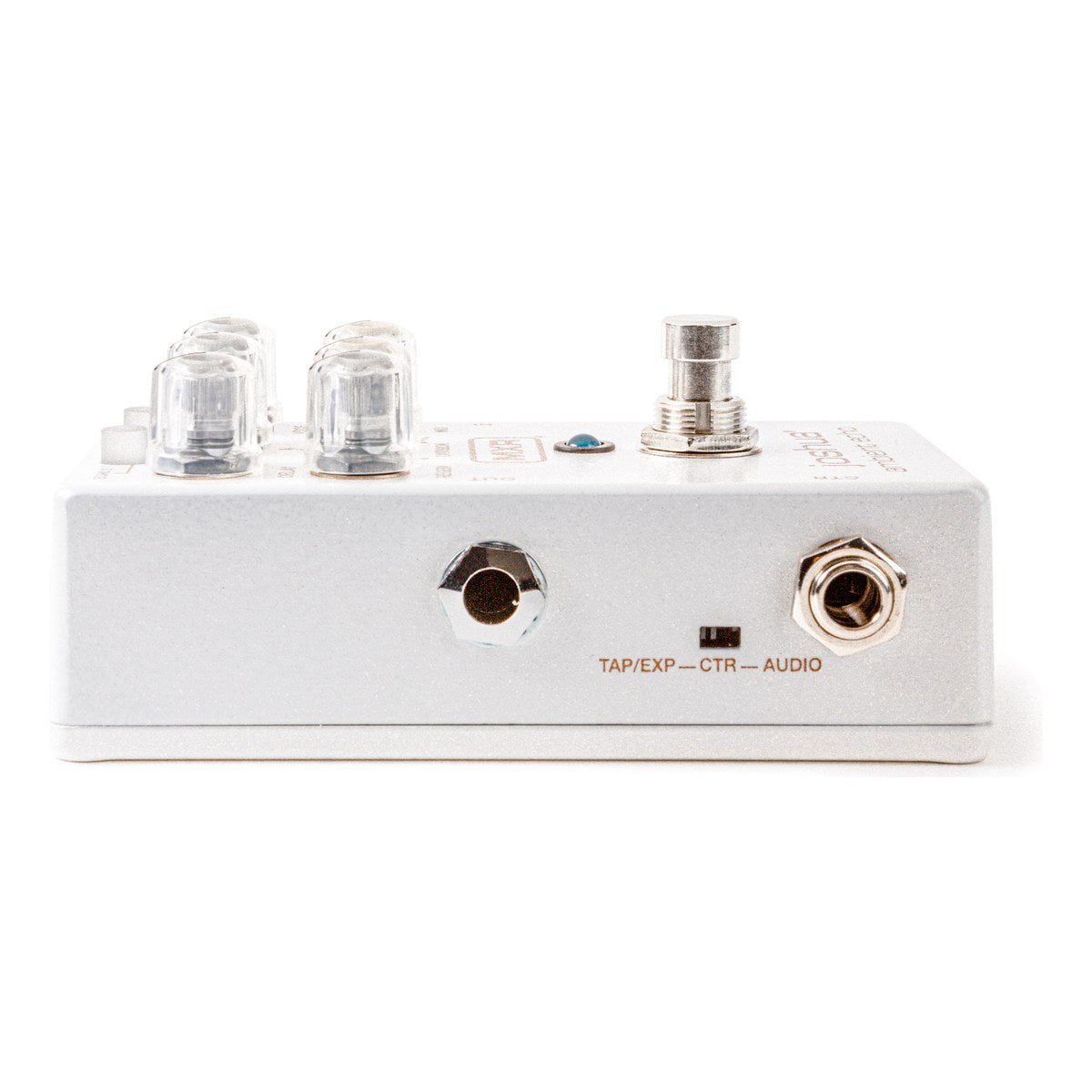 cạnh trái MXR Joshua Ambient Echo với jack OUT, jack CTR và công tắc TAP/EXP–CTR–AUDIO