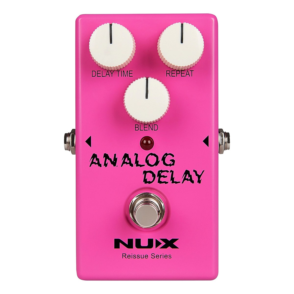 chính diện NUX Analog Delay màu hồng với ba núm DELAY TIME, REPEAT, BLEND