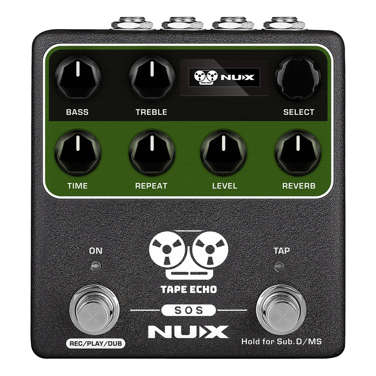 Phơ Delay NUX Tape Echo NDD-7 – Mặt trên NUX Tape Echo NDD-7 với 7 núm BASS, TREBLE, SELECT, TIME, REPEAT, LEVEL, REVERB, màn hình OLED và hai footswitch ON, TAP