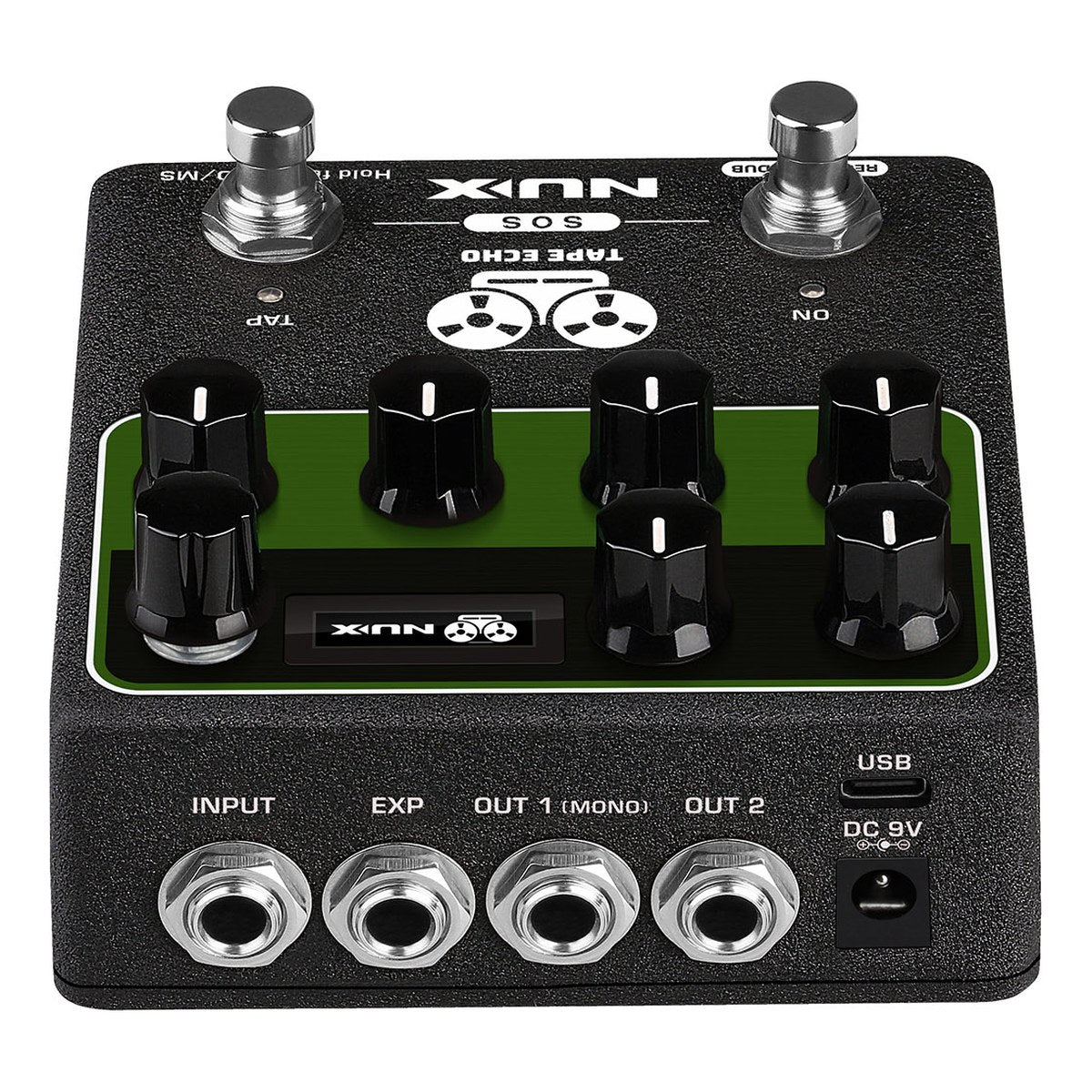 Phơ Delay NUX Tape Echo NDD-7 – NUX Tape Echo NDD-7 nhìn từ phía sau với hàng jack INPUT, EXP, OUT 1, OUT 2, USB, DC