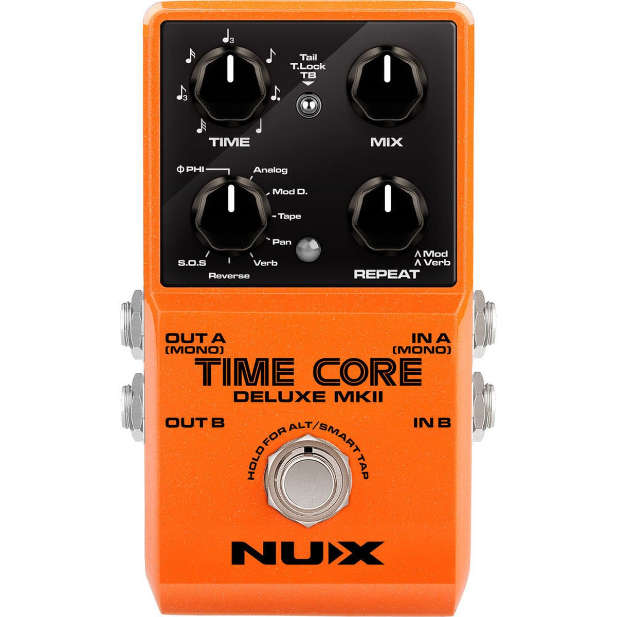 Phơ Delay NUX Time Core Deluxe MKII – NUX Time Core Deluxe MKII mặt trên: núm TIME, MIX, DELAY TYPE, REPEAT, công tắc Tail / T.Lock / TB