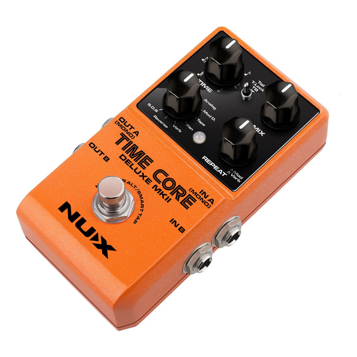 Phơ Delay NUX Time Core Deluxe MKII – Góc nghiêng thấy mặt trên, footswitch và cặp jack một bên