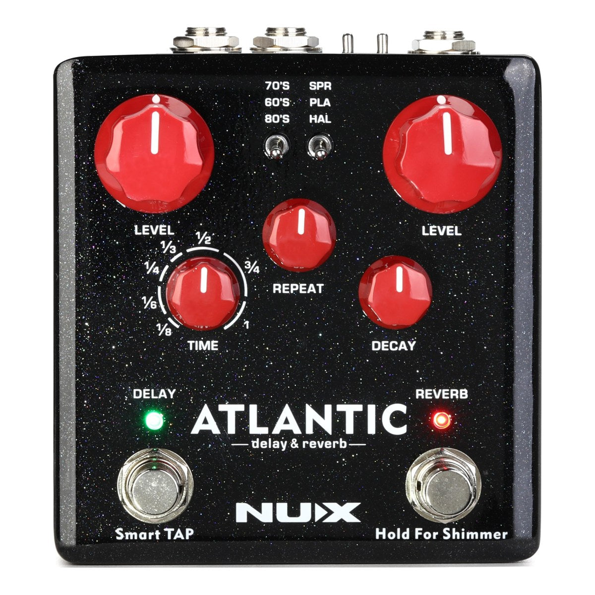 Chính diện NUX Atlantic NDR-5 với 5 núm đỏ, công tắc chọn delay và reverb, hai footswitch