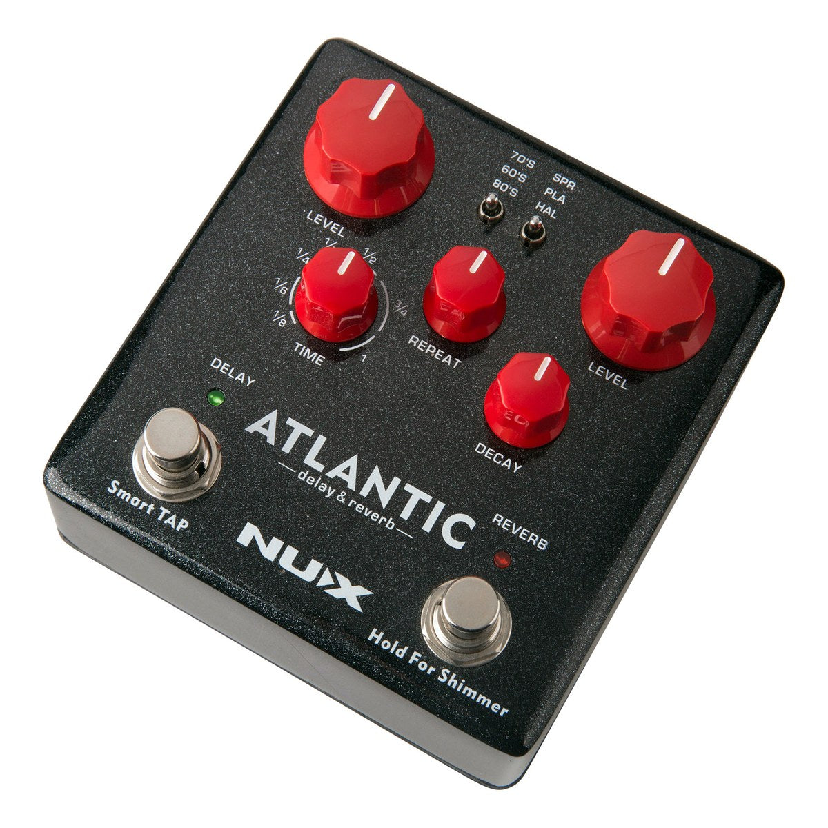 NUX Atlantic NDR-5 nhìn nghiêng, footswitch Smart TAP ở bên trái