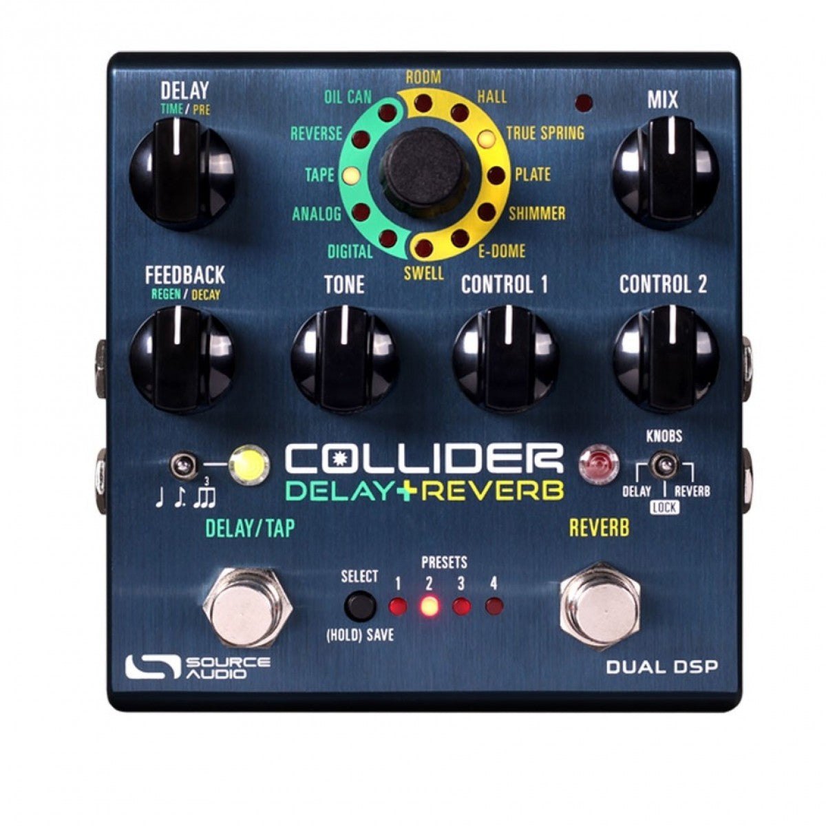 Phơ Delay Reverb Source Audio Collider – mặt trên với vòng chọn 12 engine, footswitch DELAY/TAP và REVERB