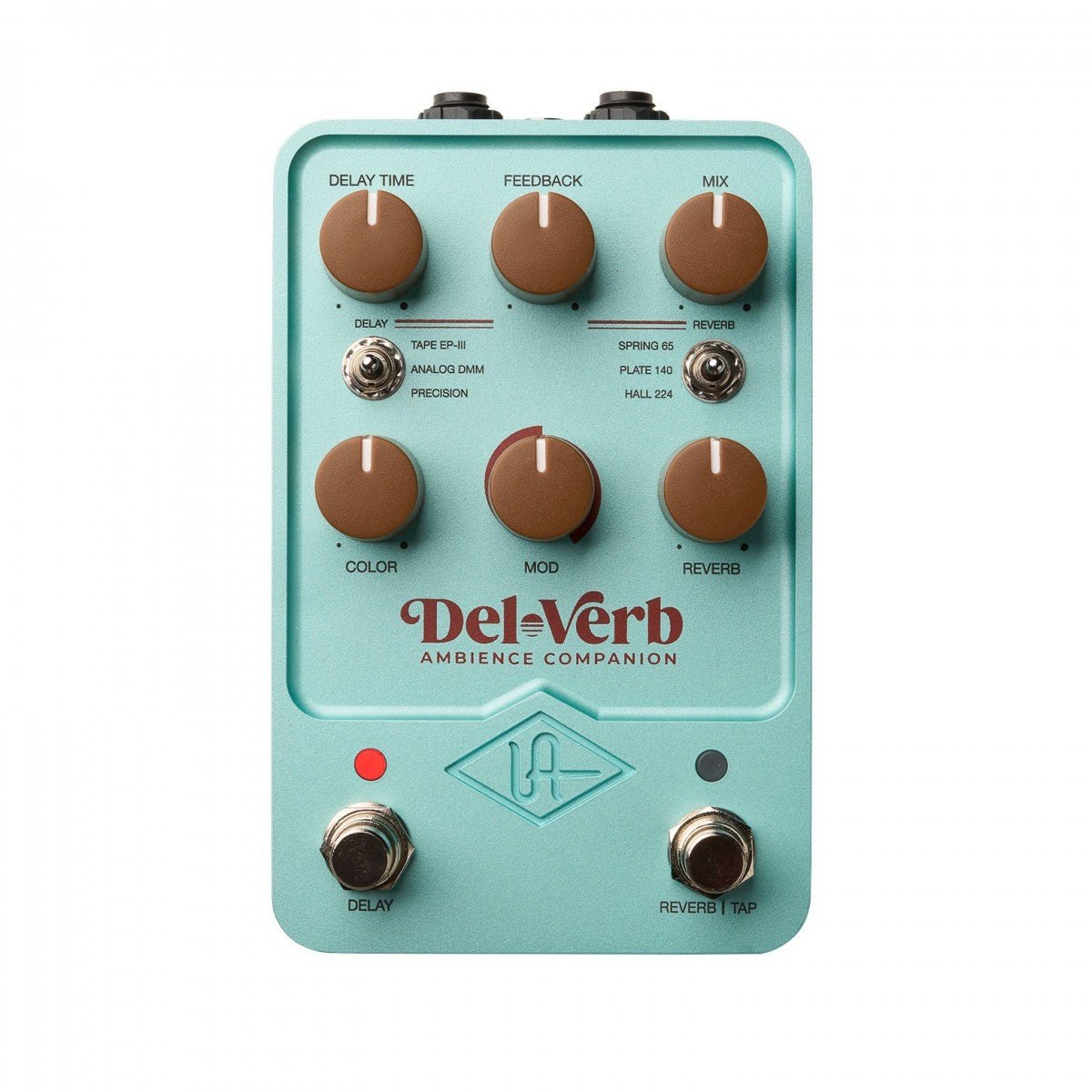 Phơ Delay Reverb Universal Audio UAFX Del-Verb – mặt trên với 6 núm, gạt chọn kiểu delay, reverb và 2 footswitch