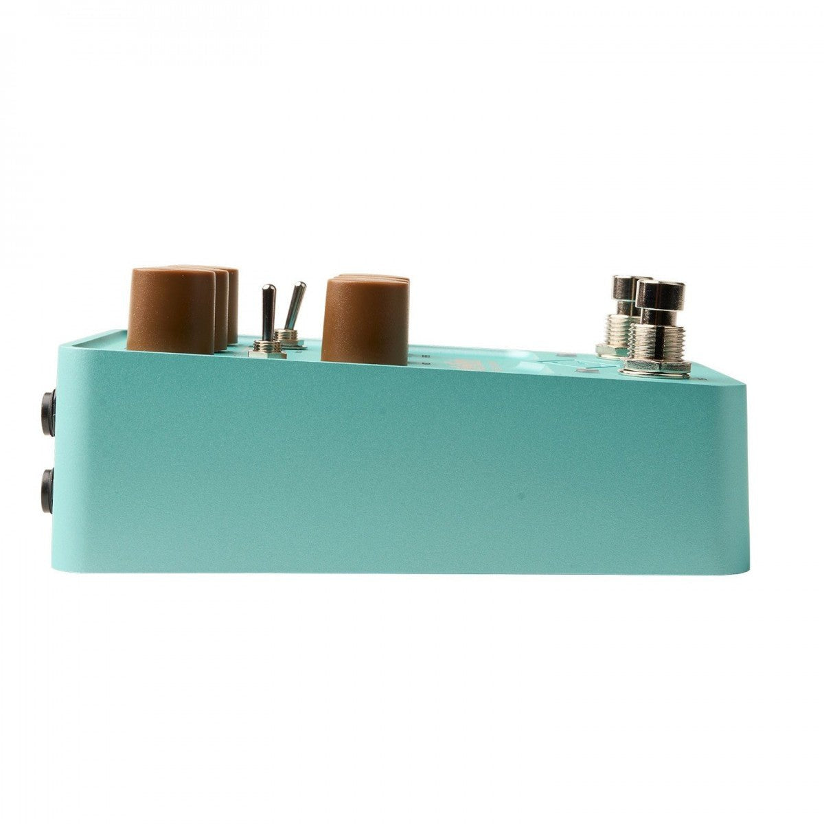 Phơ Delay Reverb UAFX Del-Verb – cạnh bên nhìn ngang, vỏ xanh ngọc với núm màu nâu