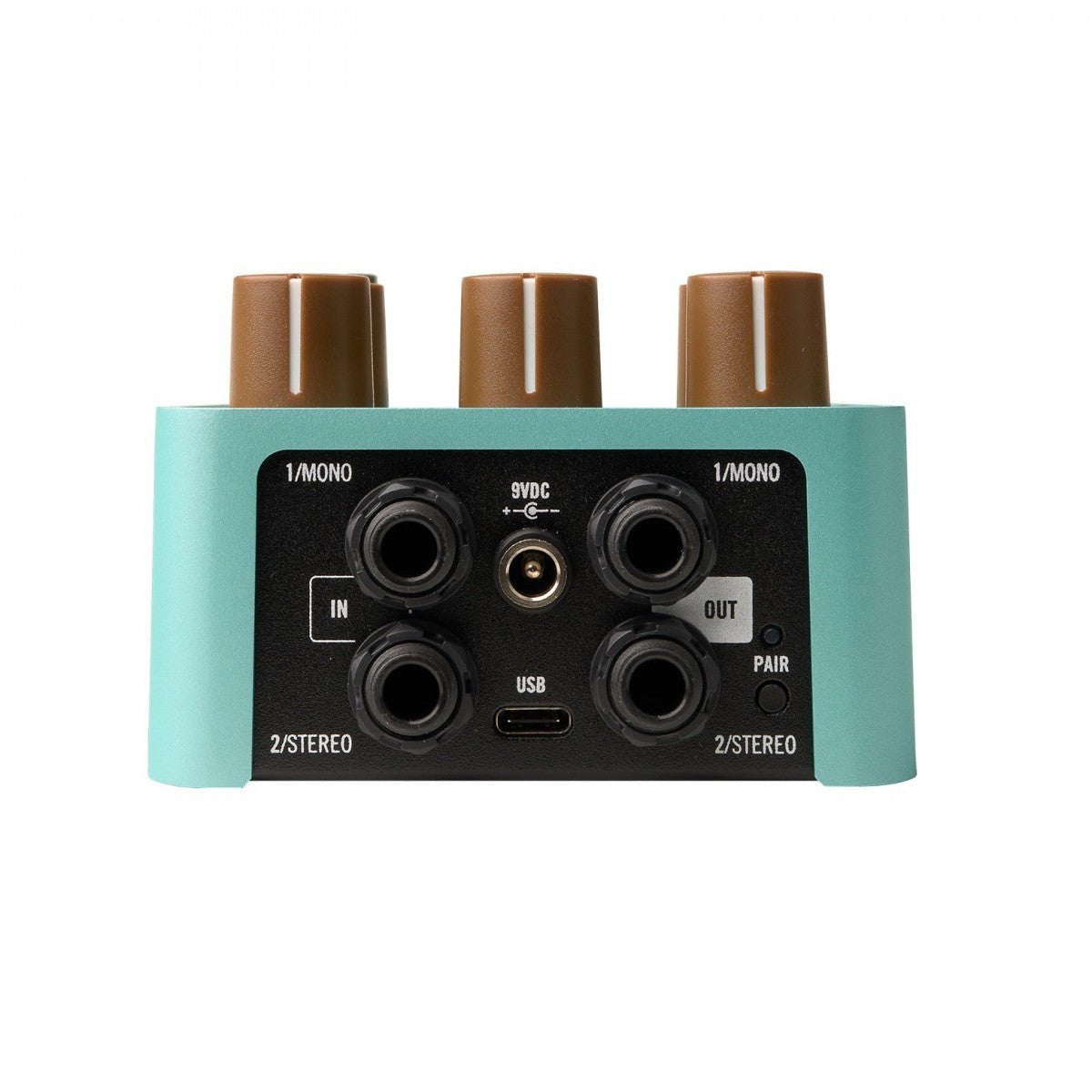 Phơ Delay Reverb UAFX Del-Verb – mặt sau với jack MONO/STEREO, nguồn 9VDC, USB-C, nút PAIR
