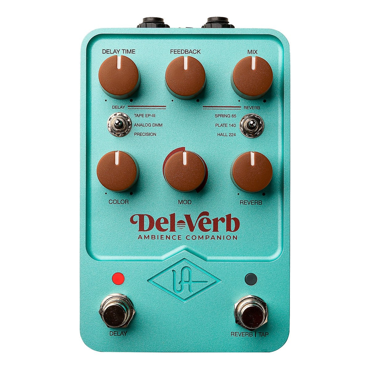 chính diện mặt trên Universal Audio UAFX Del-Verb Ambience Companion vỏ xanh ngọc, 6 núm nâu và 2 footswitch DELAY, REVERB/TAP