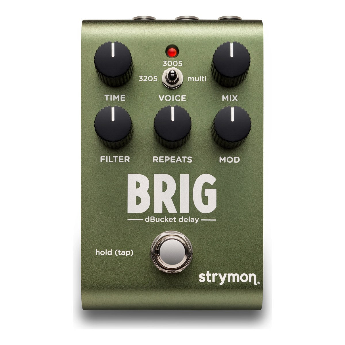 chính diện mặt trên Strymon Brig dBucket Delay xanh rêu với 6 núm TIME, MIX, FILTER, REPEATS, MOD và công tắc VOICE