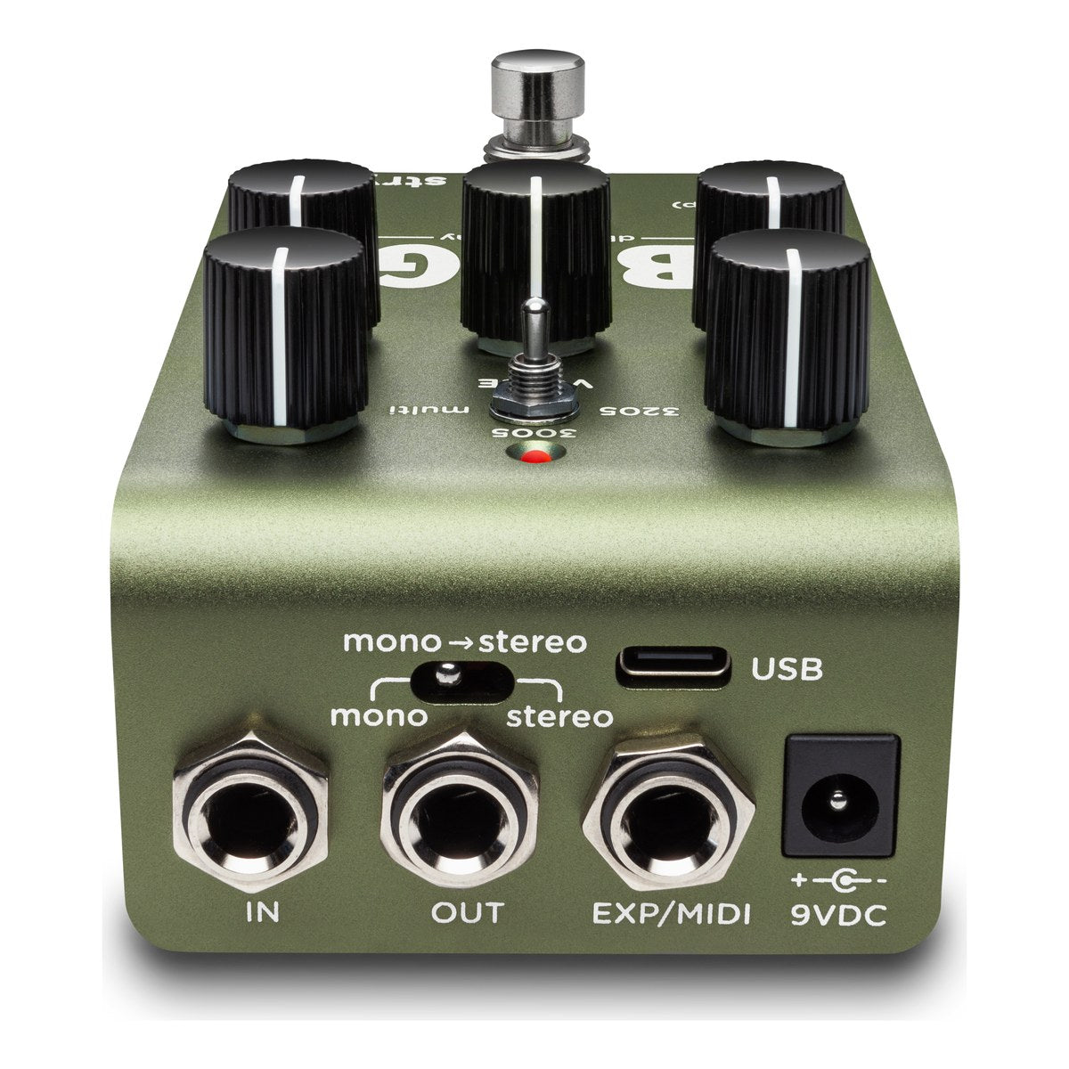 Phơ Delay Strymon Brig dBucket Delay - mặt sau Brig với cổng IN, OUT, EXP/MIDI, nguồn 9VDC, cổng USB và công tắc mono/stereo