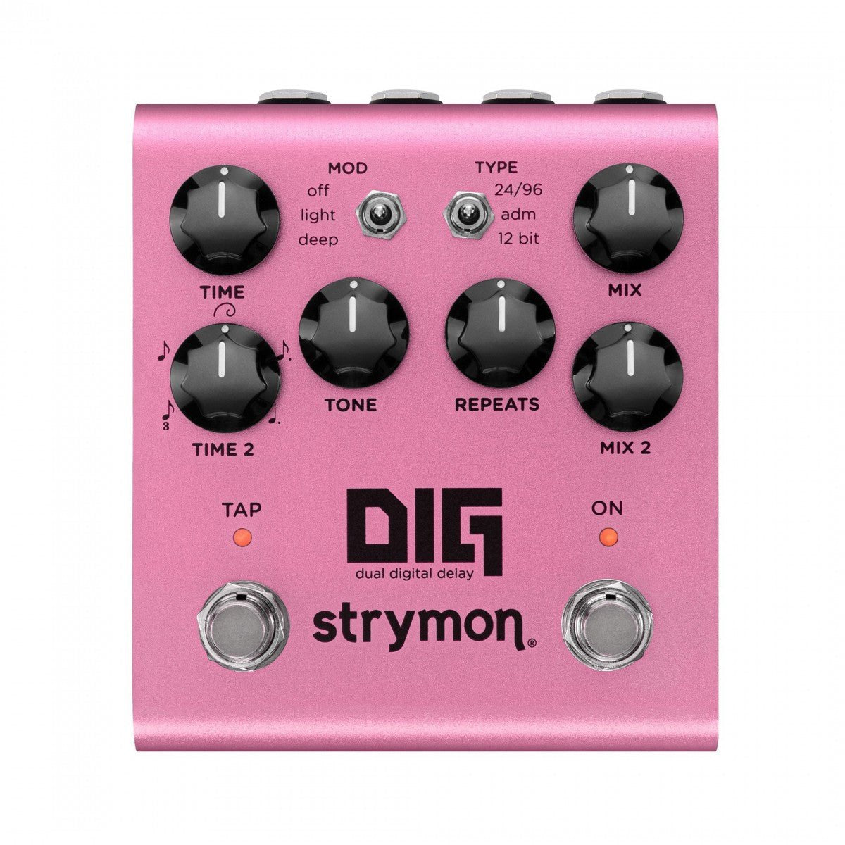 Phơ Delay Strymon DIG V2 – mặt trên với núm TIME, MIX, TONE, REPEATS, TIME 2, MIX 2 và gạt MOD, TYPE