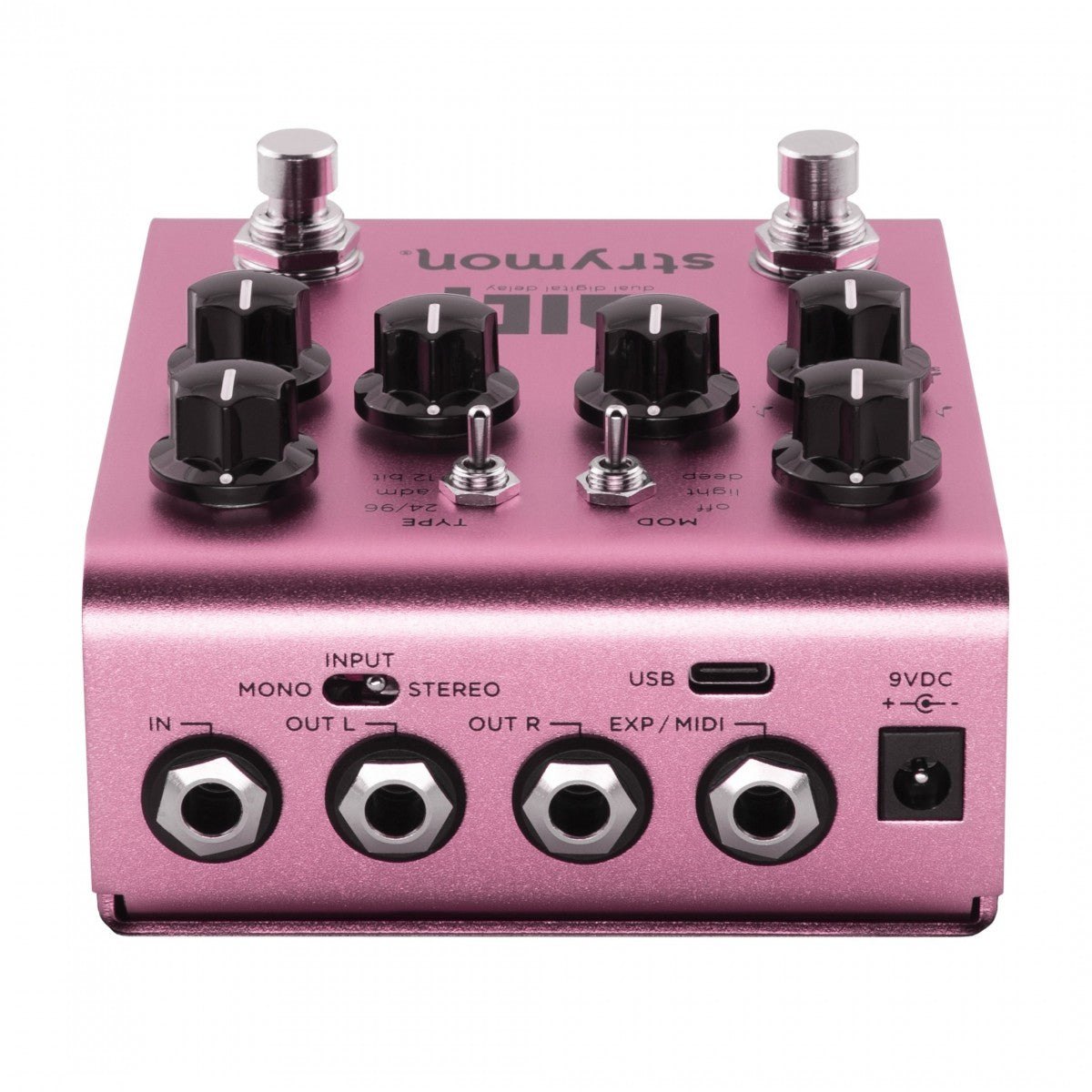 Phơ Delay Strymon DIG V2 – mặt sau với gạt MONO/STEREO, cổng USB-C, IN, OUT L/R, EXP/MIDI, 9VDC