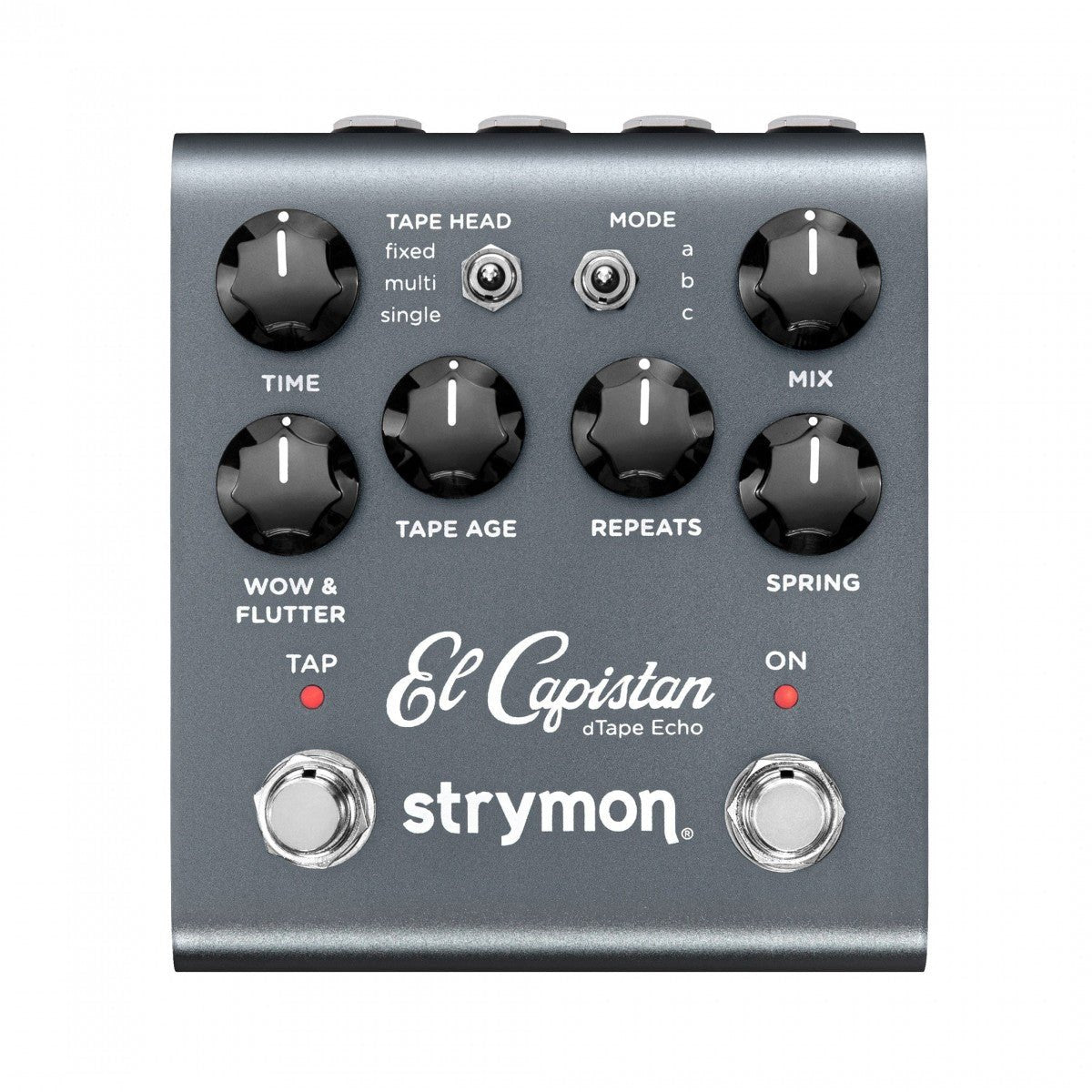 Phơ Delay Strymon El Capistan V2 dTape Echo – mặt trên với núm TIME, TAPE AGE, REPEATS, MIX và 2 footswitch