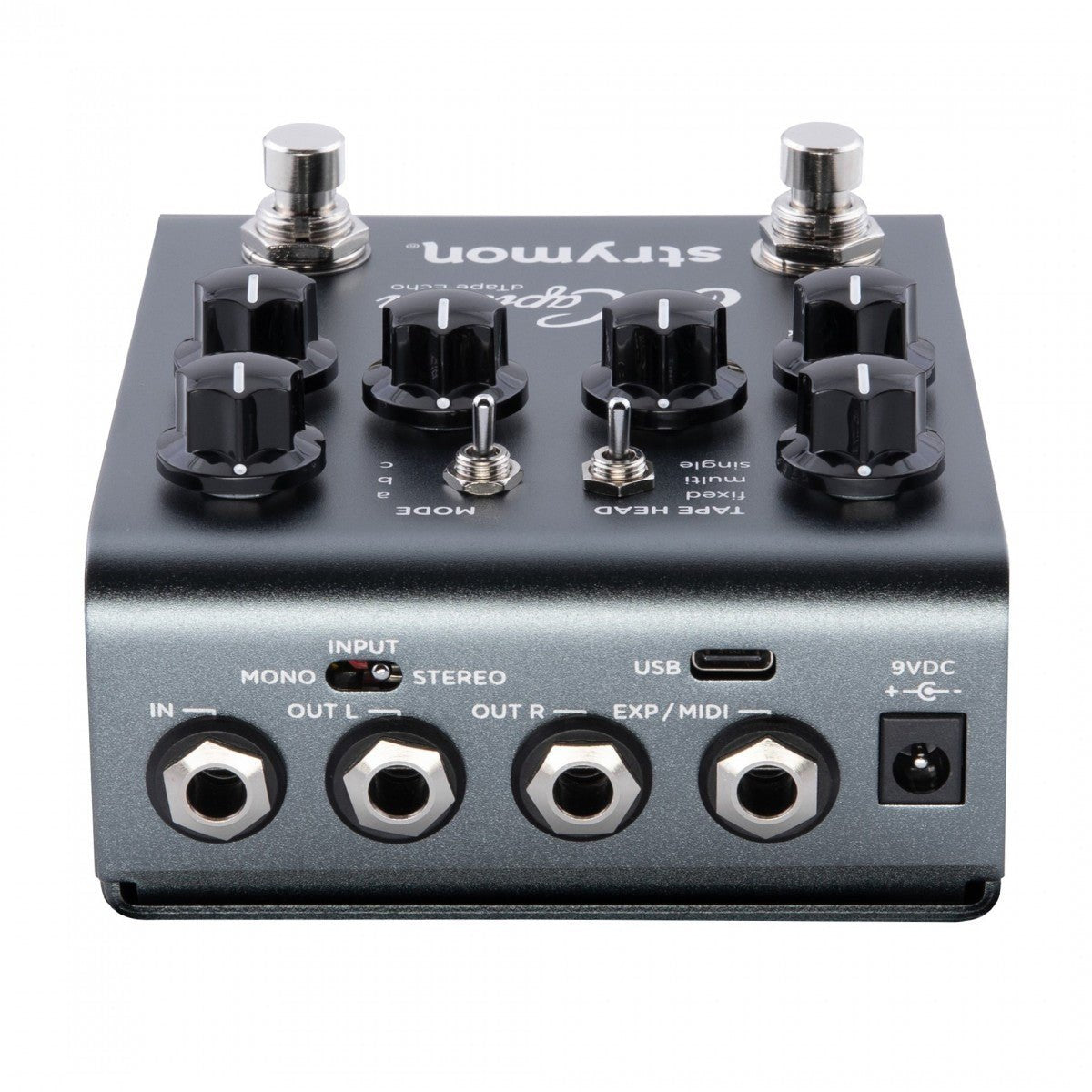 Phơ Delay Strymon El Capistan V2 dTape Echo – mặt sau với cổng IN, OUT L/R, EXP/MIDI, USB-C và nguồn 9VDC