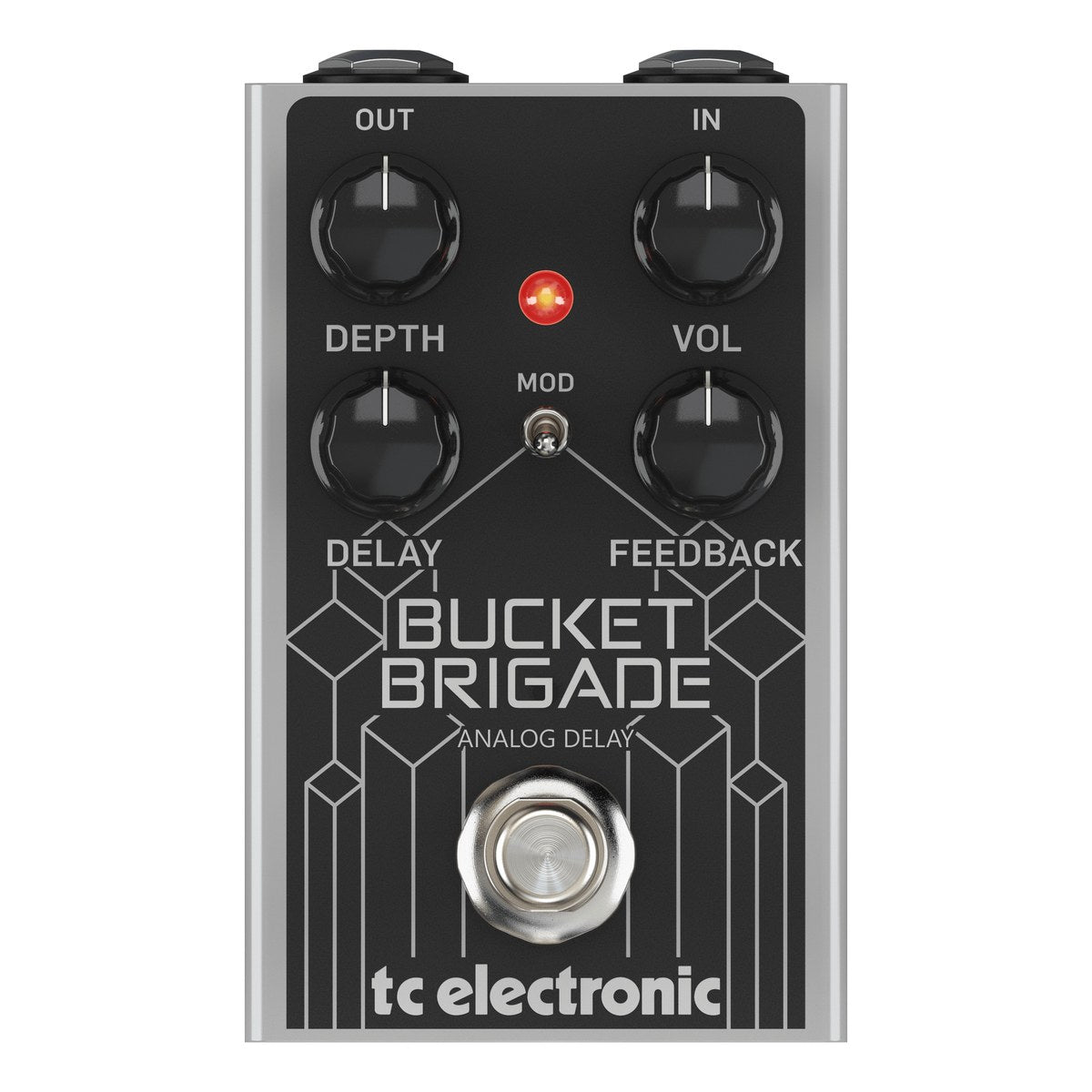 TC Electronic Bucket Brigade Analog Delay nhìn chính diện: bốn núm DEPTH, VOL, DELAY, FEEDBACK, công tắc MOD và footswitch