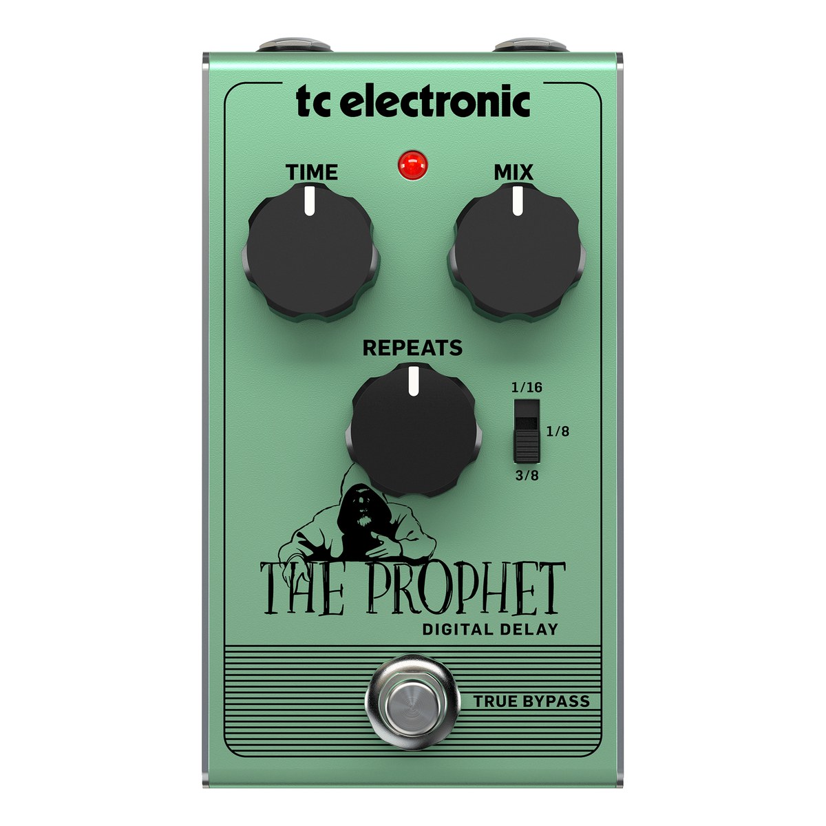 TC Electronic The Prophet Digital Delay nhìn thẳng mặt trên: ba núm TIME, MIX, REPEATS và công tắc 1/16, 1/8, 3/8