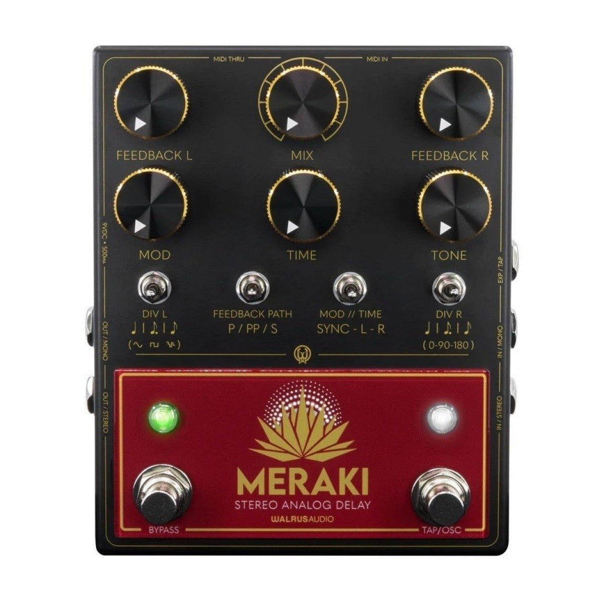 Phơ Delay Walrus Audio Meraki Stereo Analog Dual Delay – mặt trên với 6 núm FEEDBACK L/R, MIX, MOD, TIME, TONE và 4 công tắc gạt