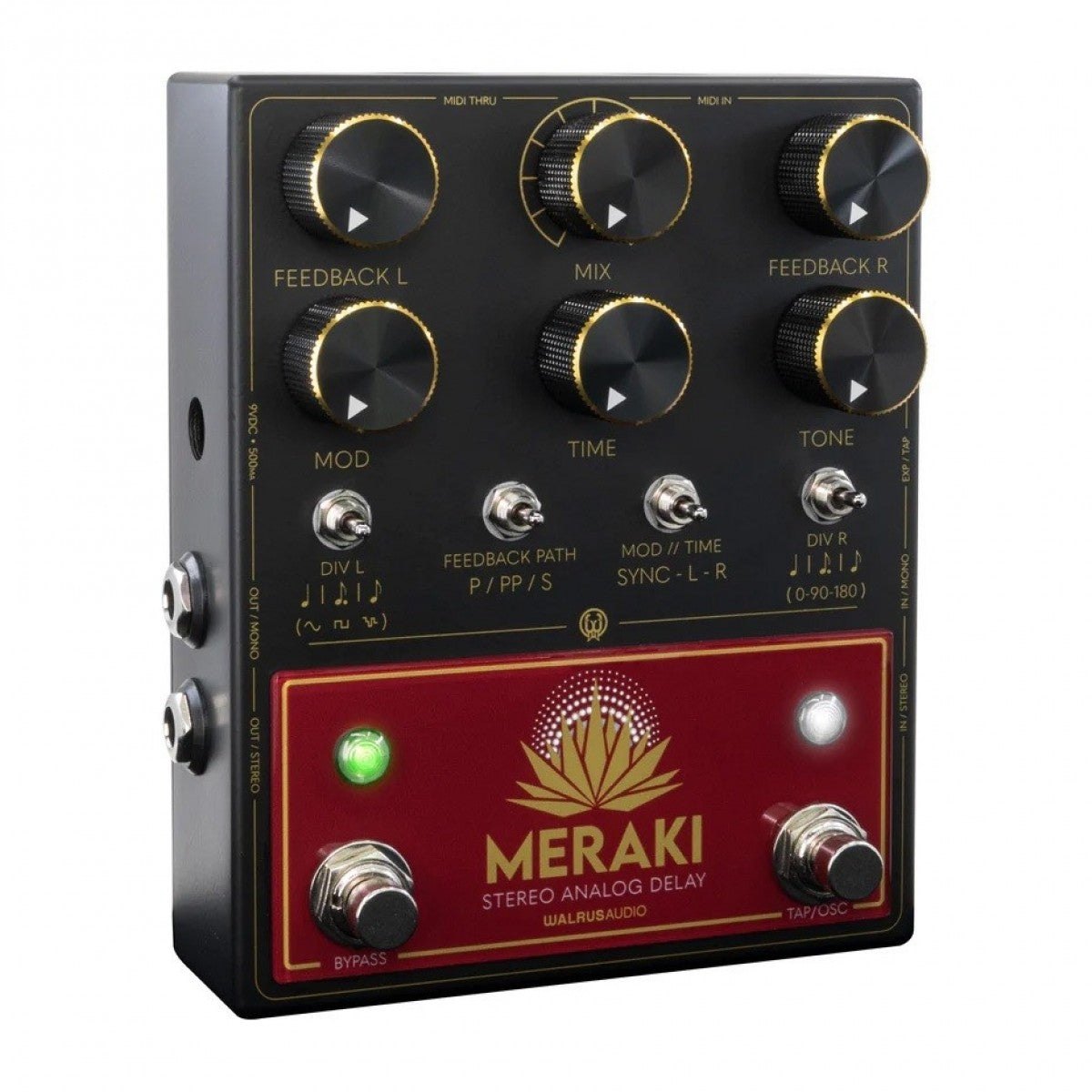 Phơ Delay Walrus Audio Meraki Stereo Analog Dual Delay – góc nghiêng 3/4 với 2 footswitch trên mảng đỏ có logo MERAKI