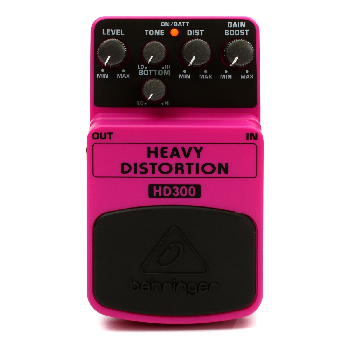 Behringer HD300 Heavy Distortion chụp thật mặt trên: năm núm LEVEL, TONE, BOTTOM, DIST, GAIN BOOST