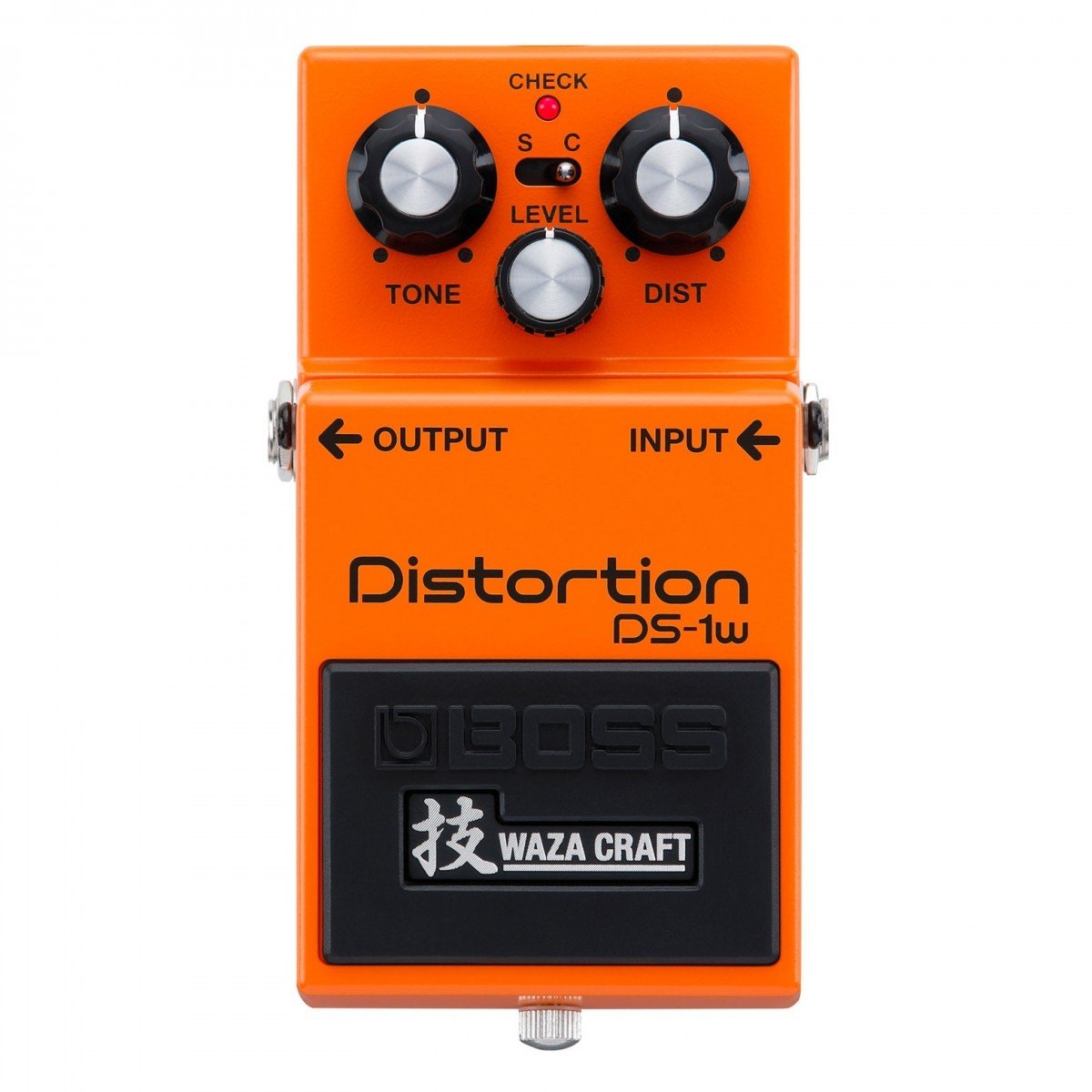 Phơ Distortion BOSS DS-1W Waza Craft – mặt trên với núm TONE, LEVEL, DIST và công tắc chế độ S/C