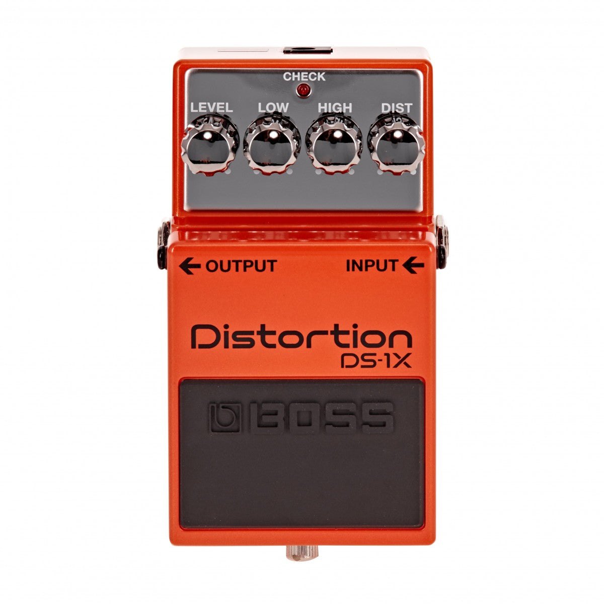Phơ Distortion BOSS DS-1X – mặt trên nhìn thẳng với 4 núm chrome LEVEL, LOW, HIGH, DIST