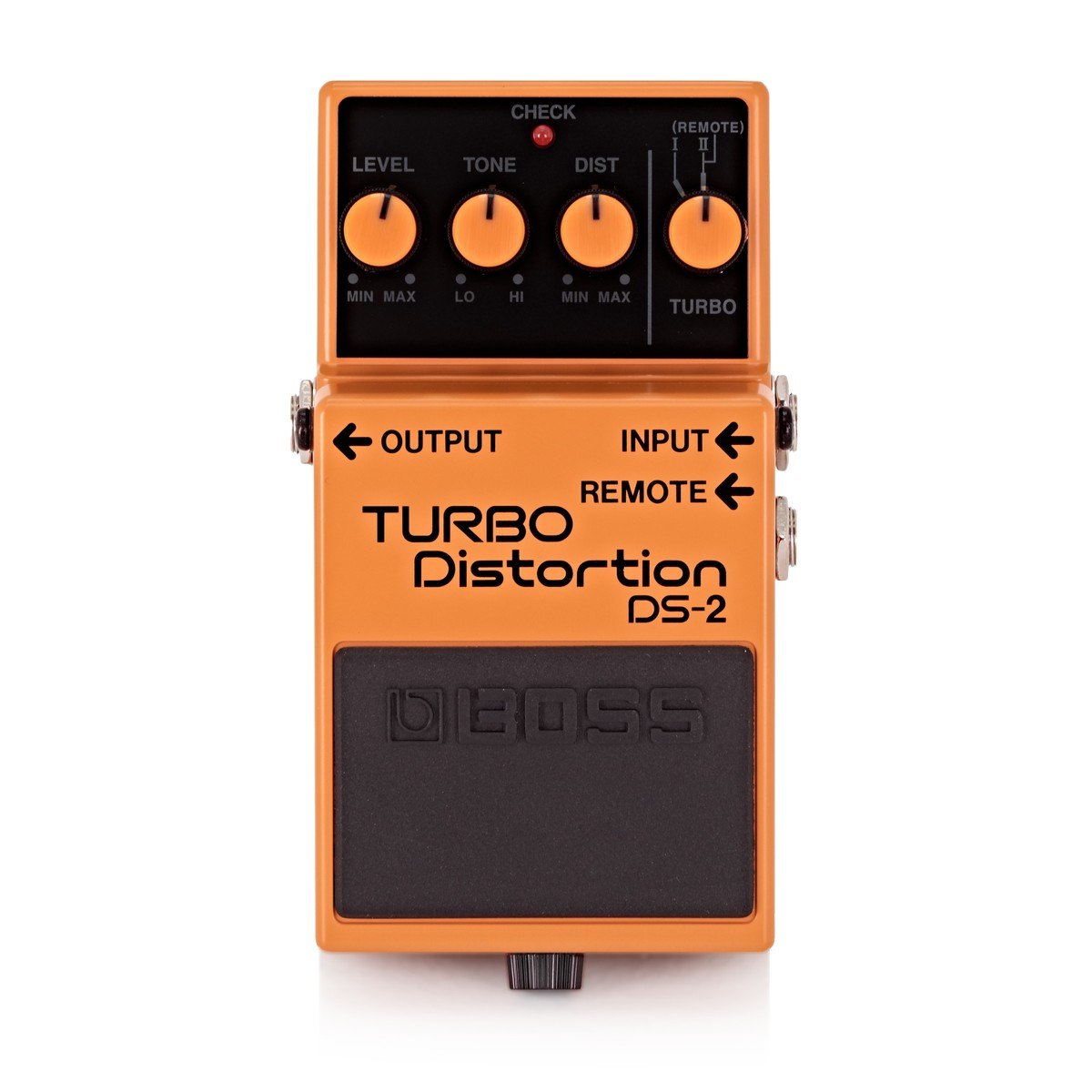 Phơ Distortion BOSS DS-2 Turbo Distortion – mặt trên với núm LEVEL, TONE, DIST và núm chọn chế độ TURBO